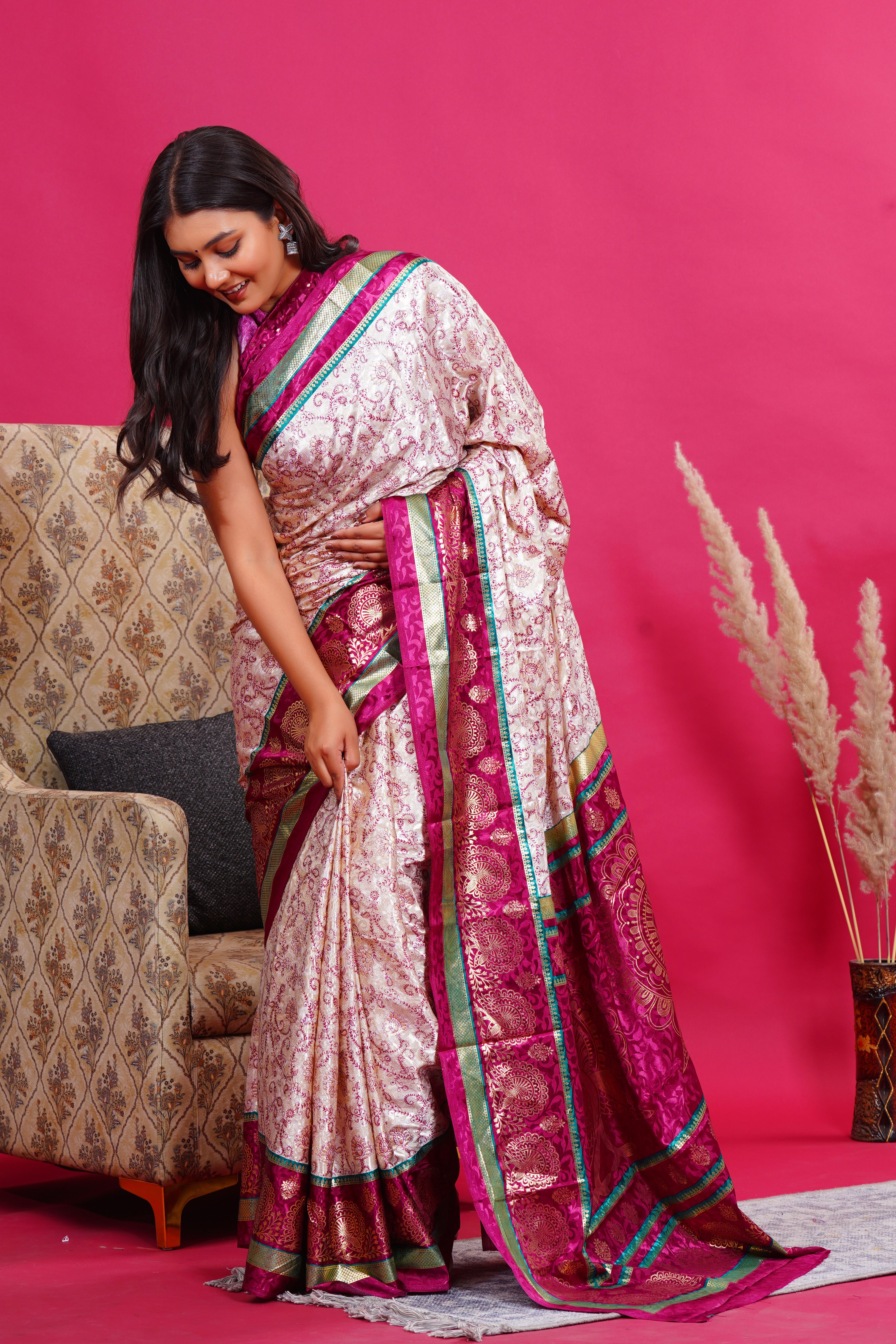 Purple Golden Flower Peacock Silk Saree