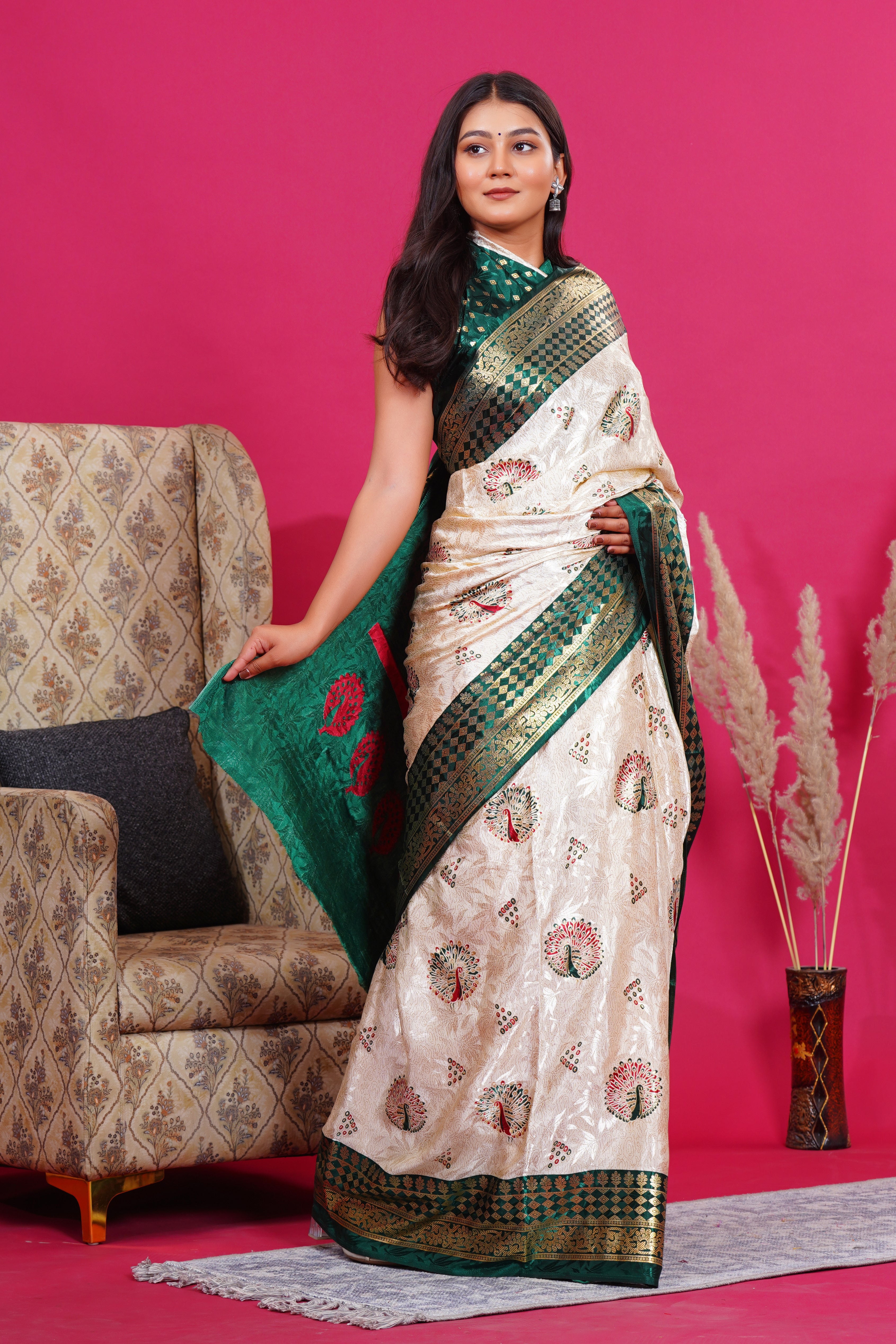 Dark Green Golden Peacock Silk Saree