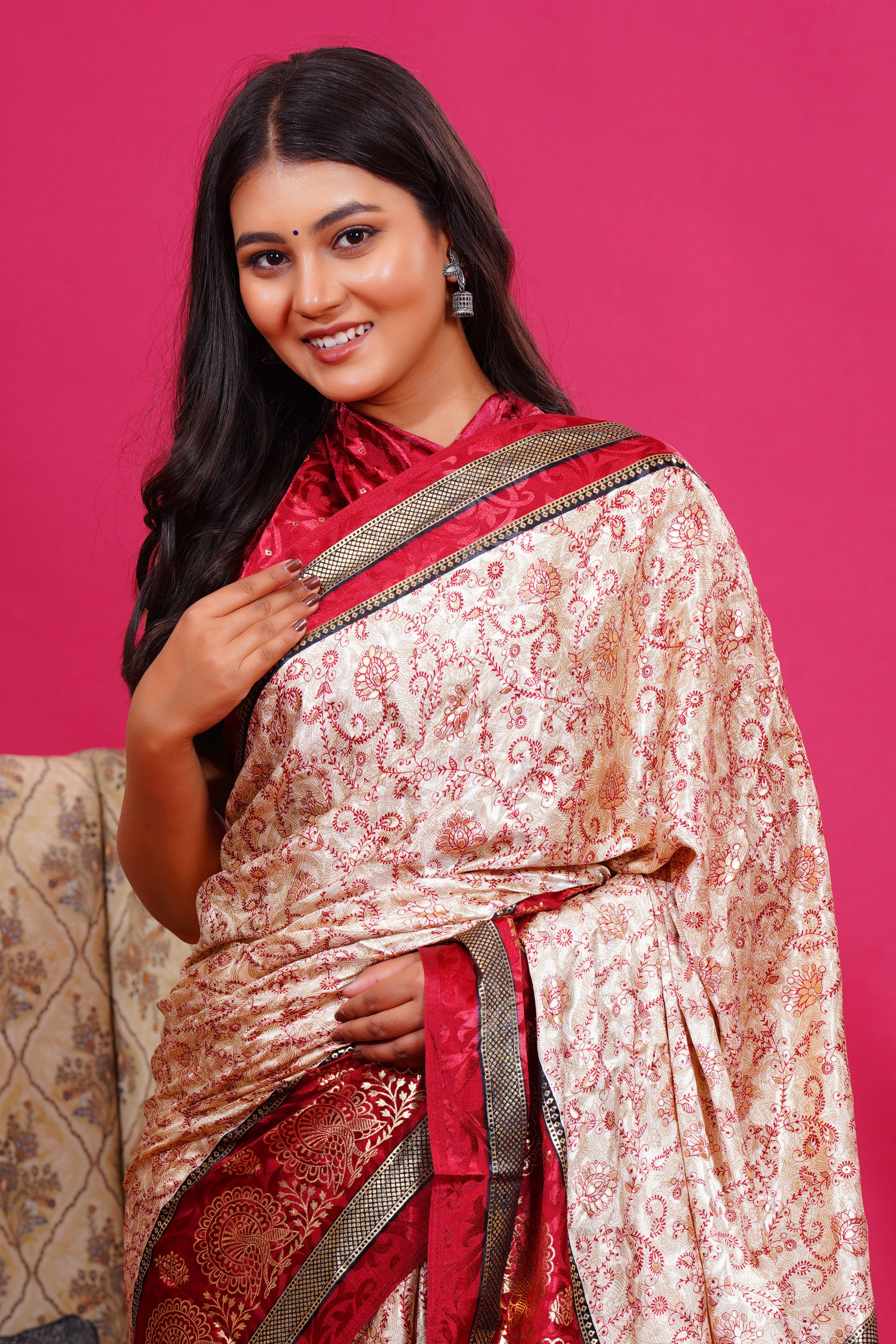 Maroon Golden Flower Peacock Silk Saree