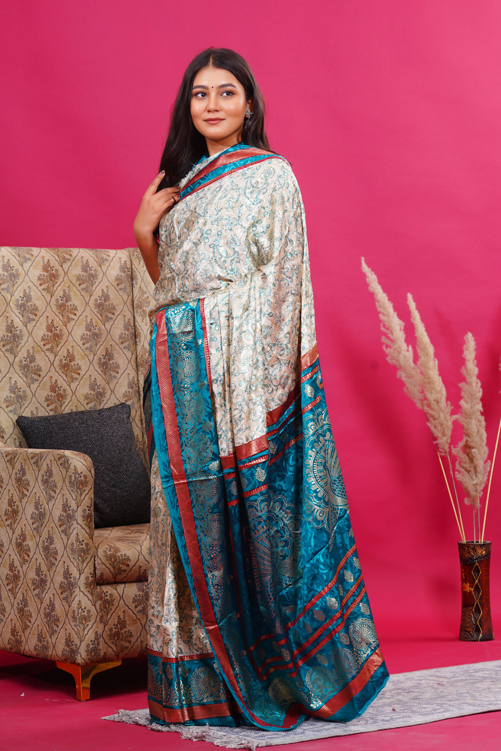 Green Golden Flower Peacock Silk Saree