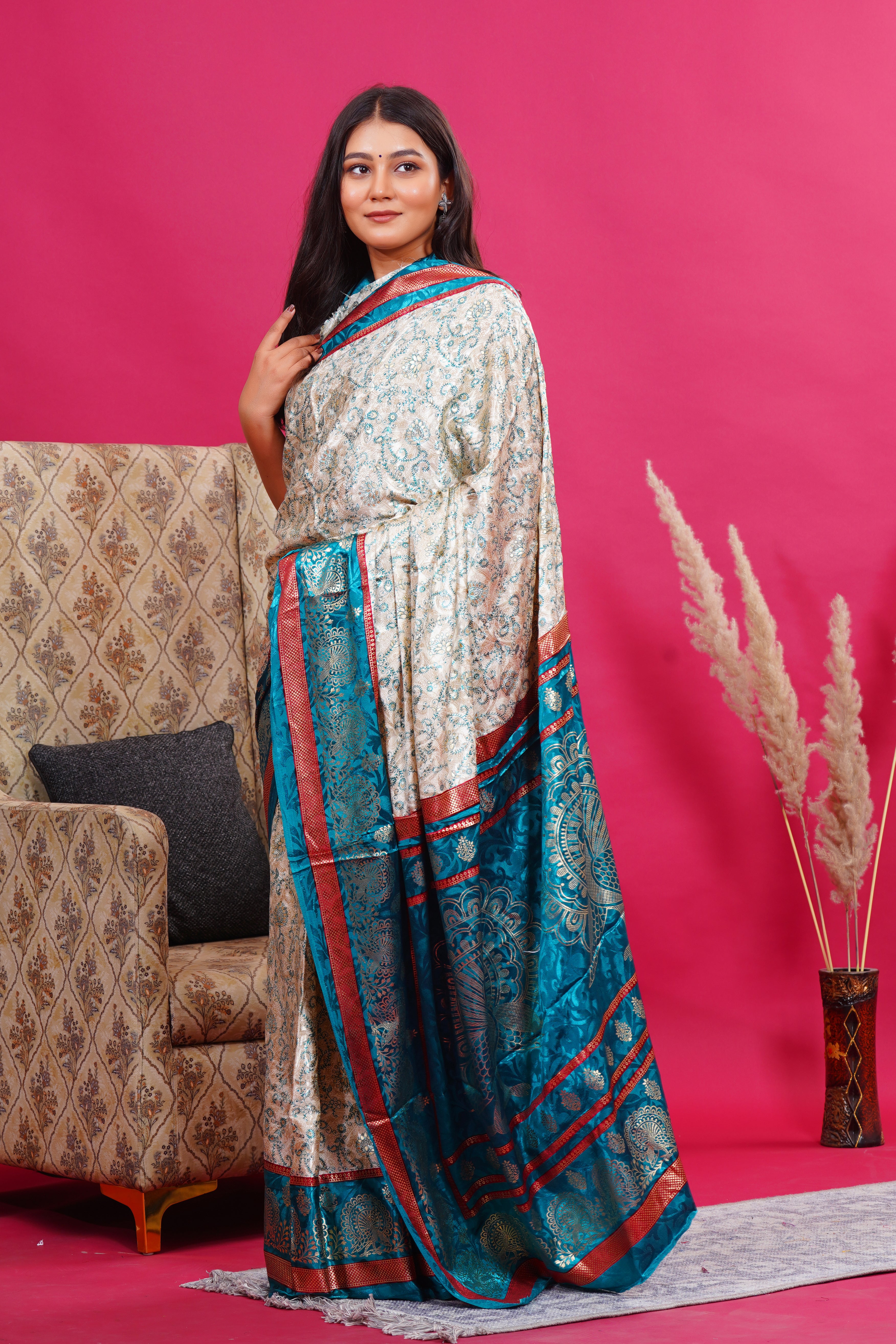 Green Golden Flower Peacock Silk Saree