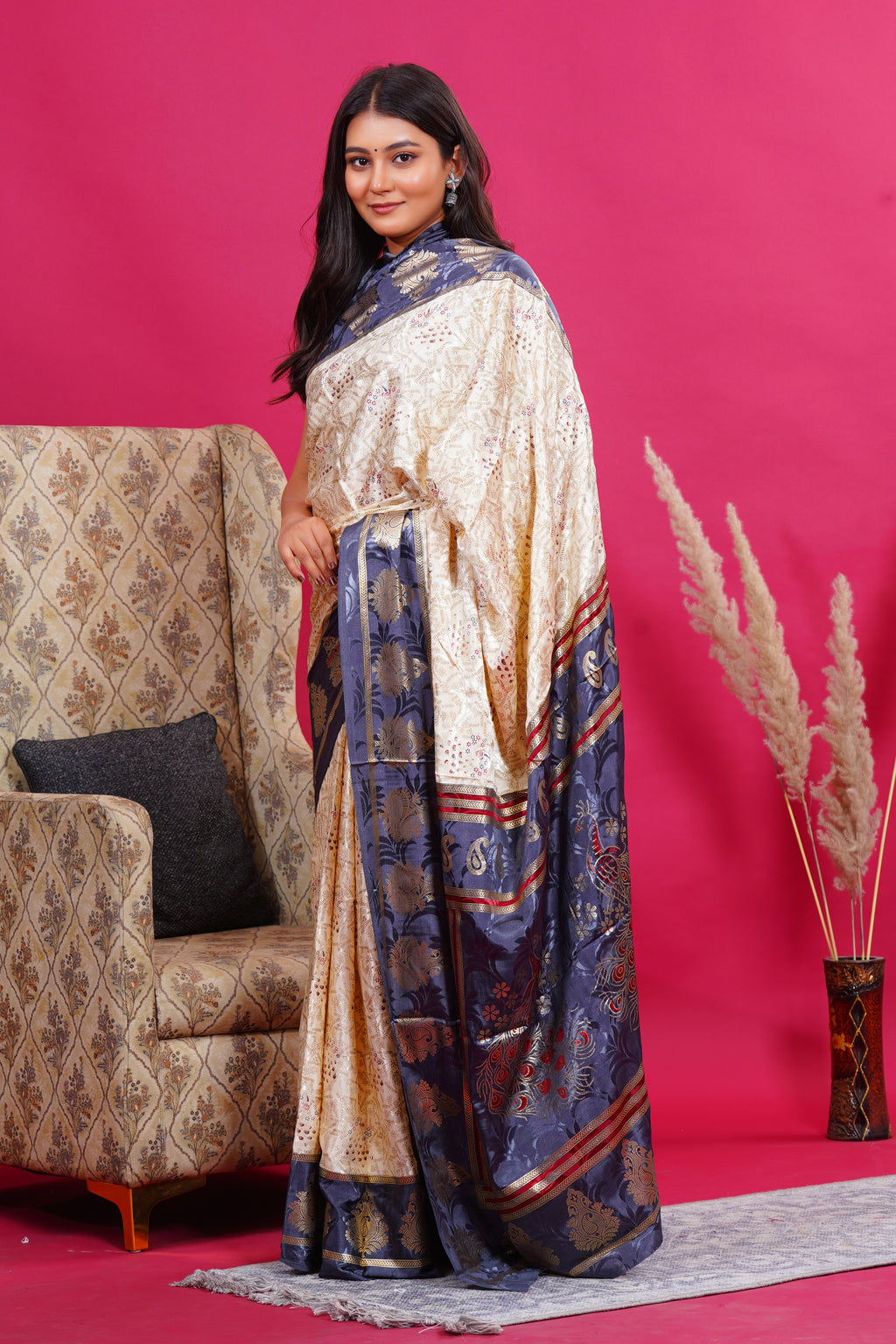 Grey Golden Kalash Peacock Silk Saree
