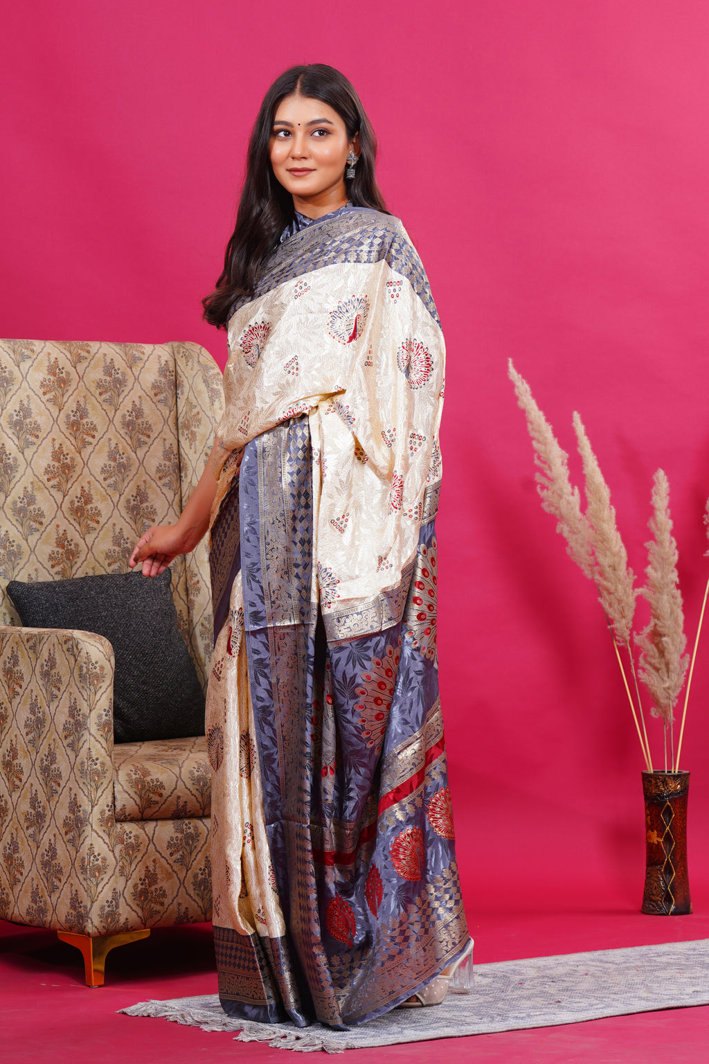 Grey Golden Peacock Silk Saree