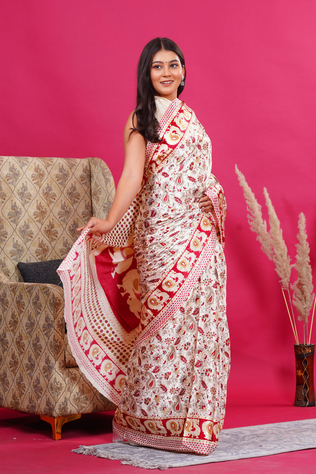 Maroon Golden Floral Peacock Silk Saree