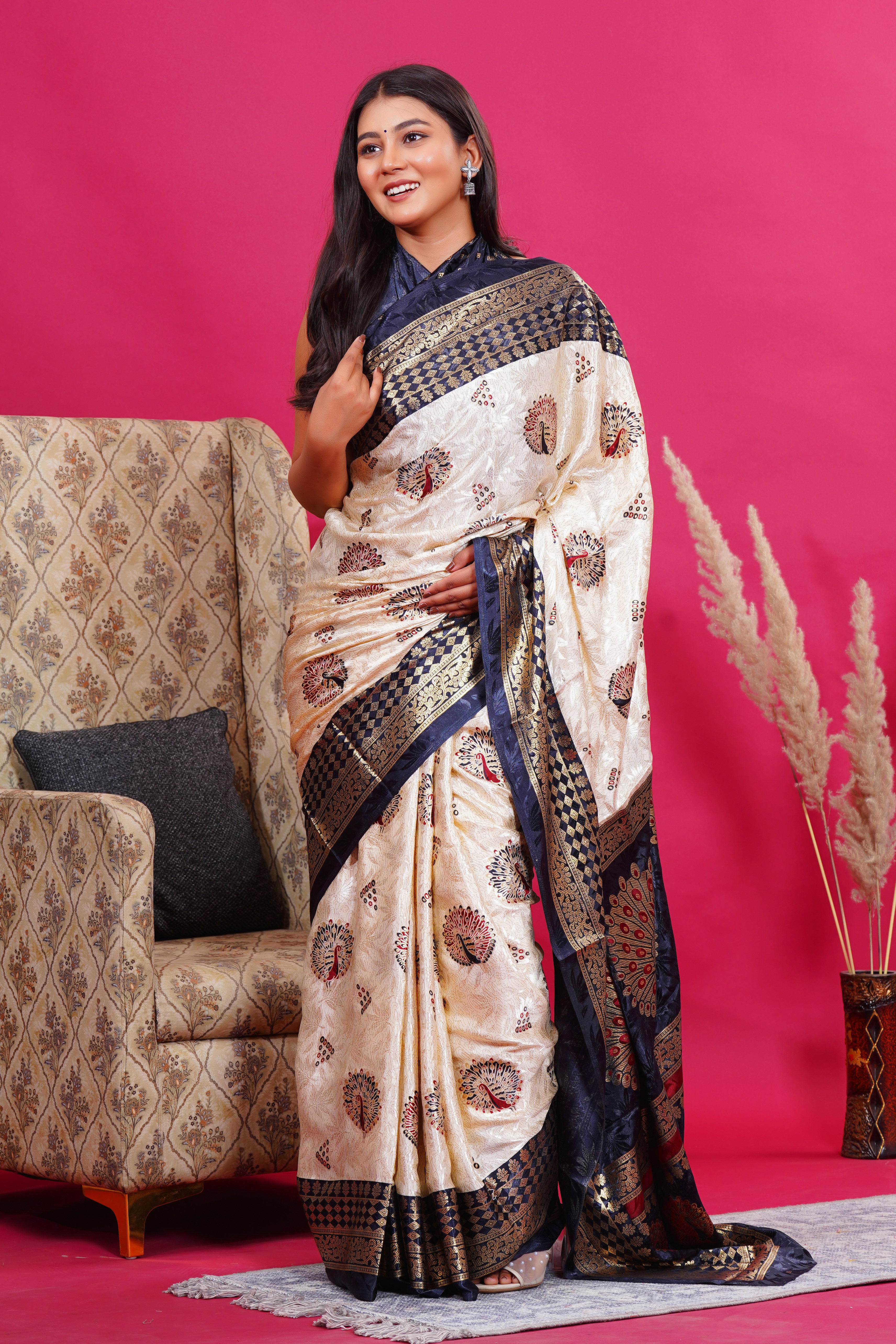 Black Golden Peacock Saree