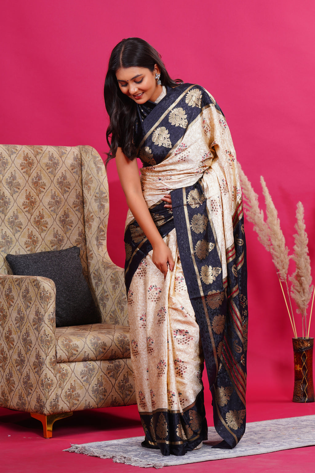 Black Golden Kalash Peacock Silk Saree