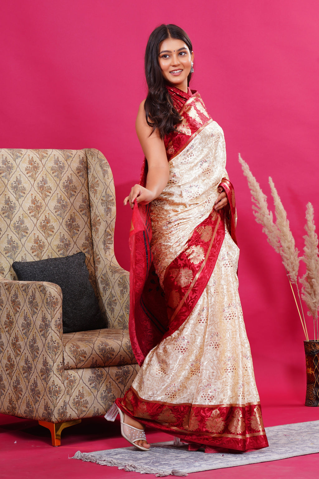 Maroon Golden Kalash Peacock Silk Saree
