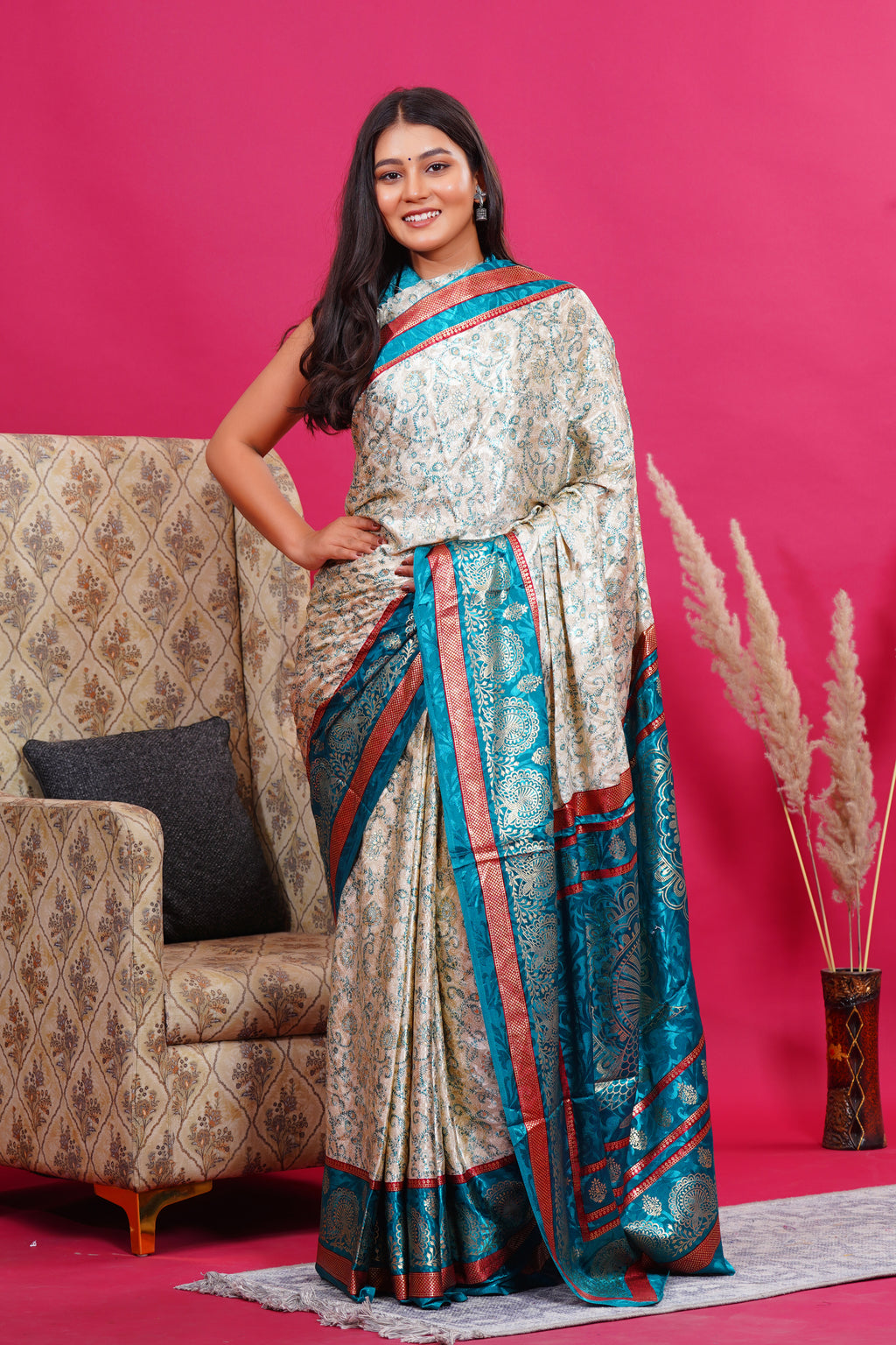 Green Golden Flower Peacock Silk Saree