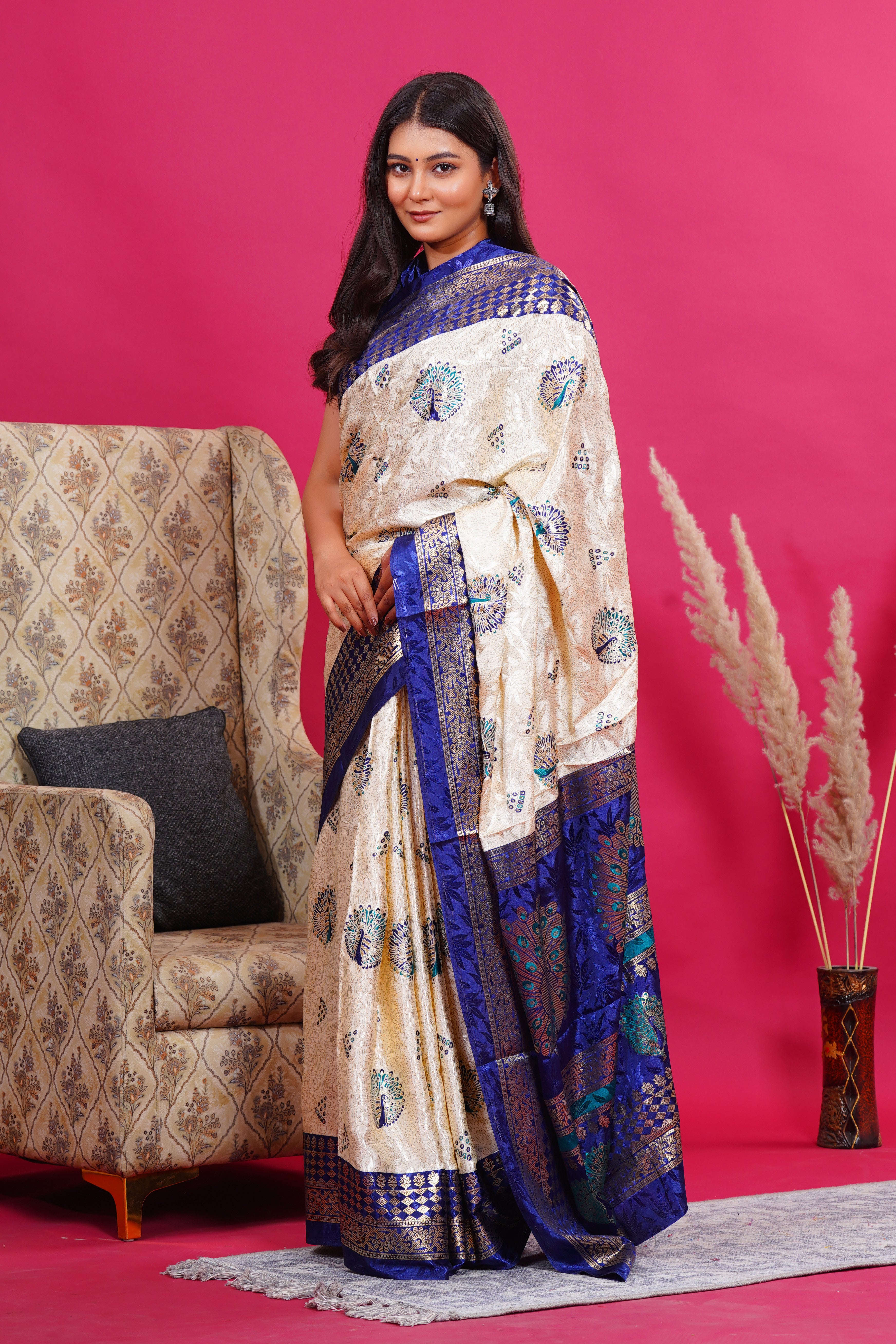Blue Golden Peacock Silk Saree
