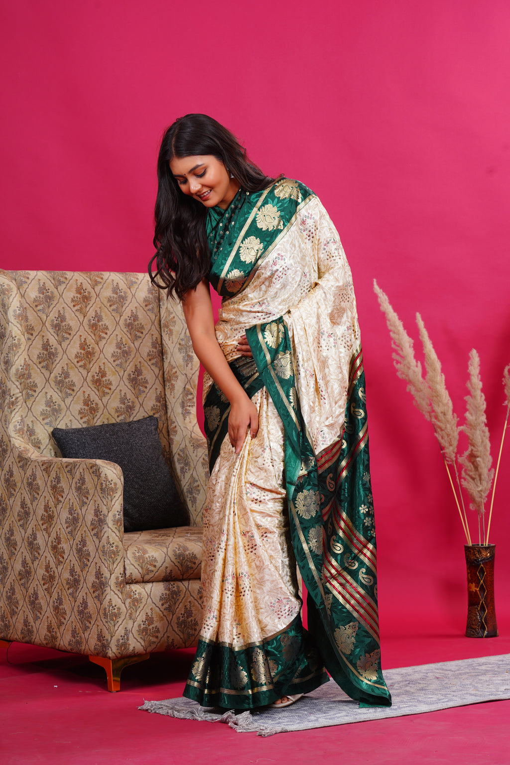 Dark Green Golden Kalash Peacock Silk Saree