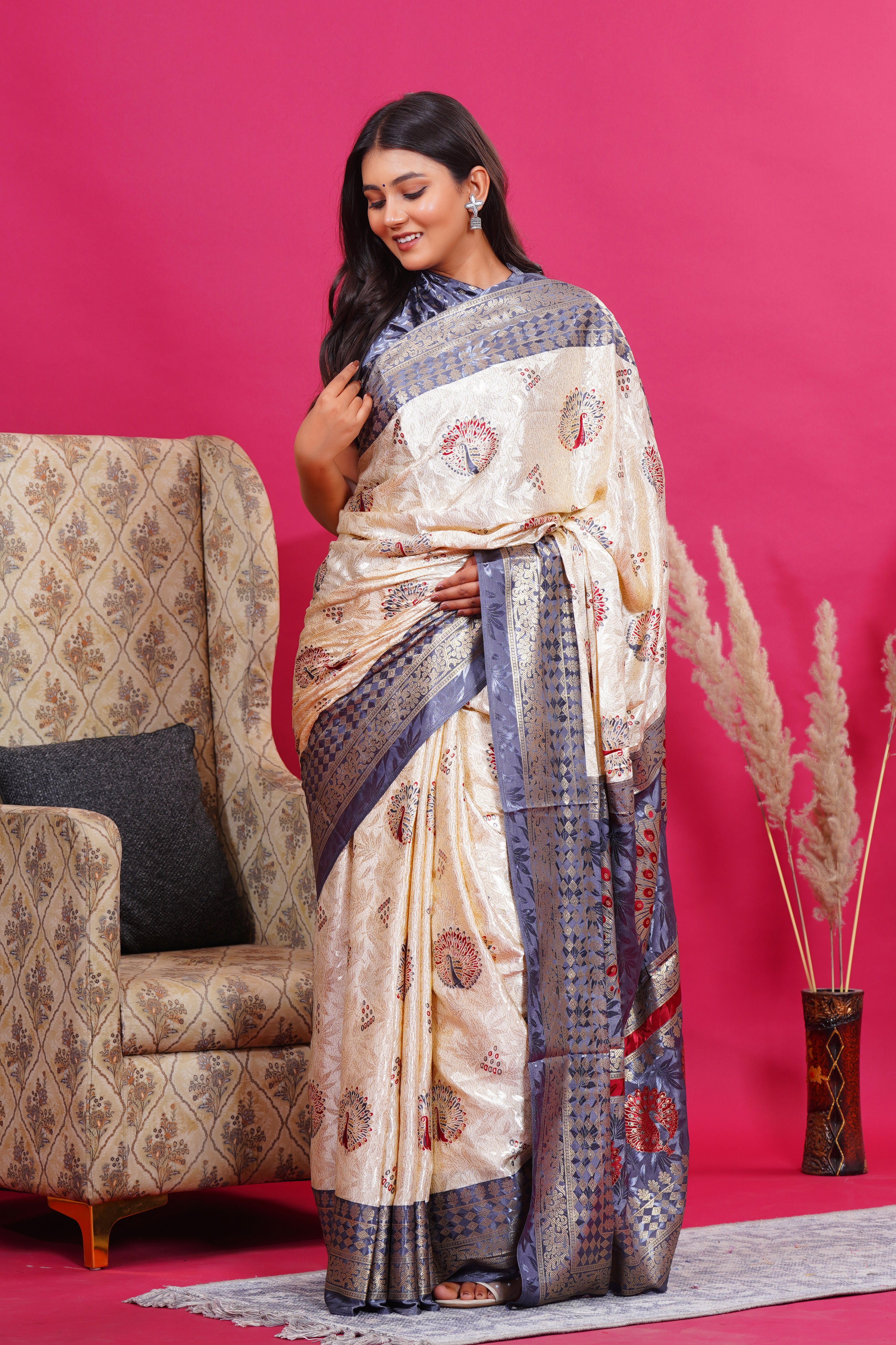 Grey Golden Peacock Silk Saree