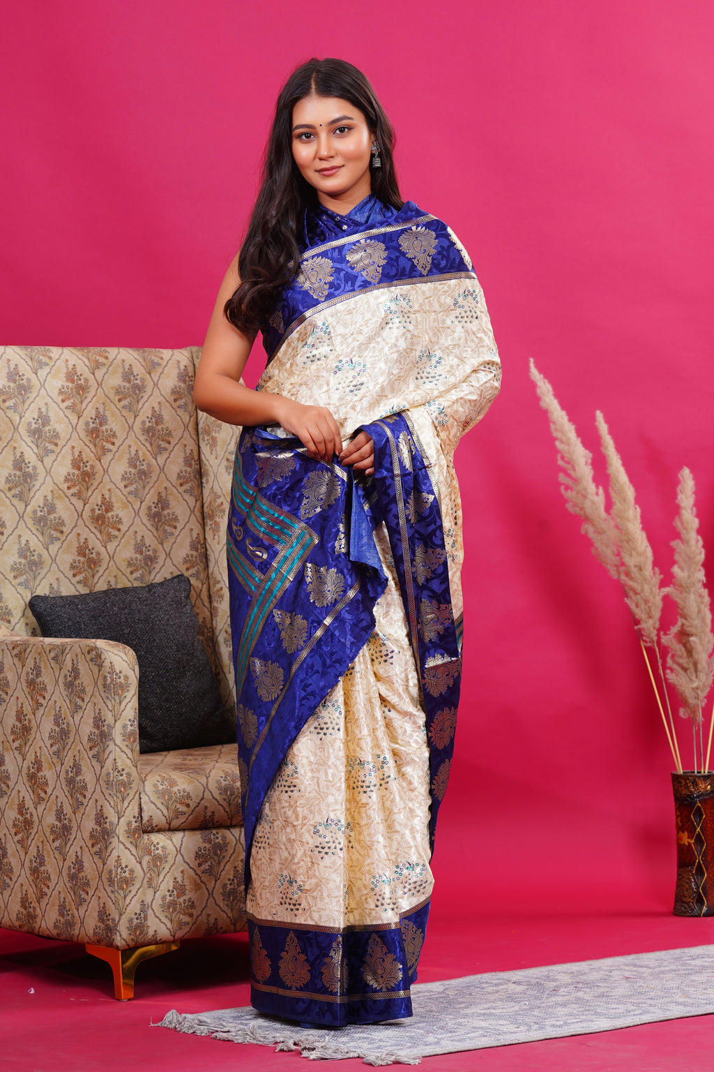 Blue Golden Kalash Peacock Silk Saree