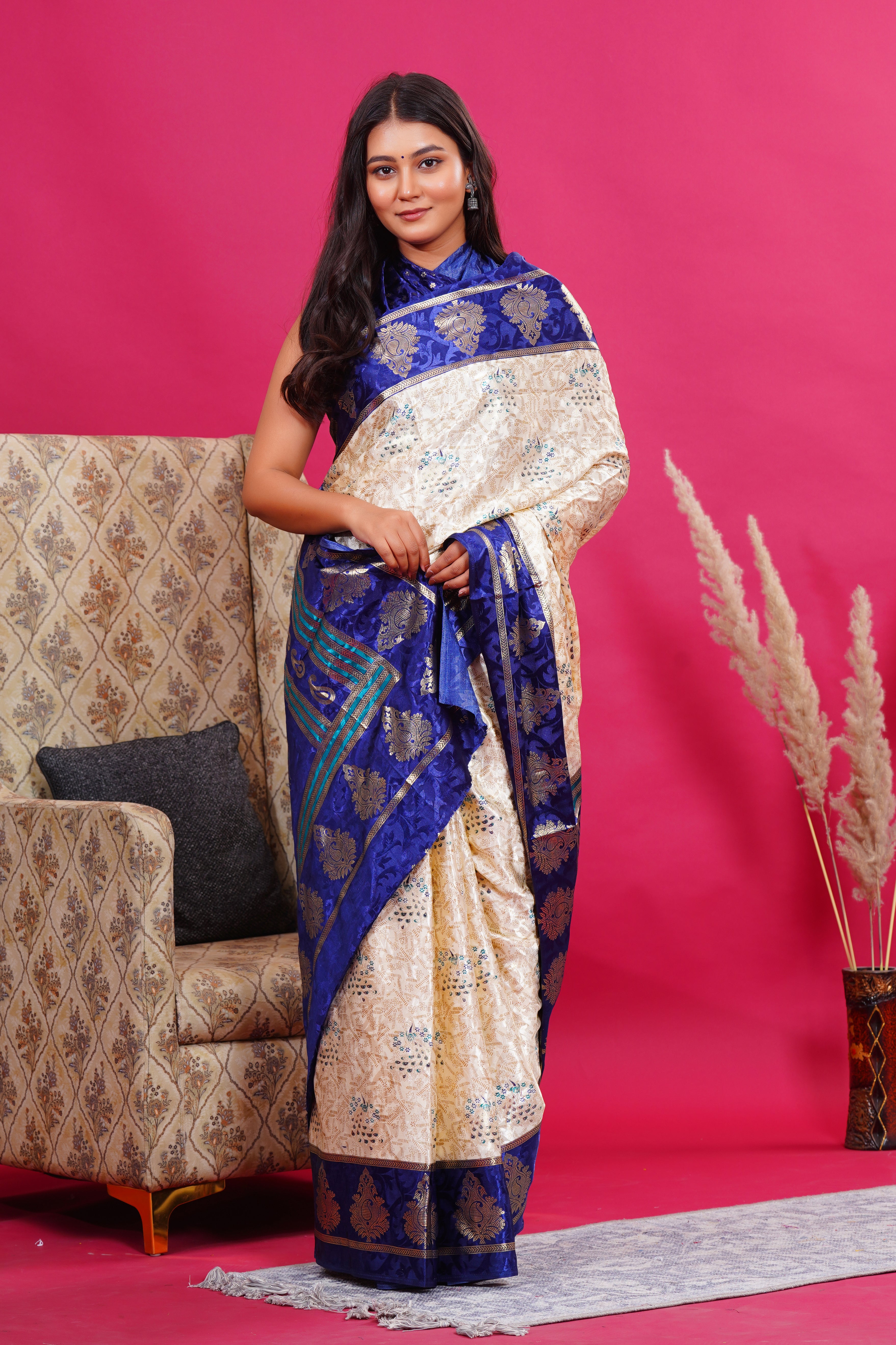 Blue Golden Kalash Peacock Silk Saree