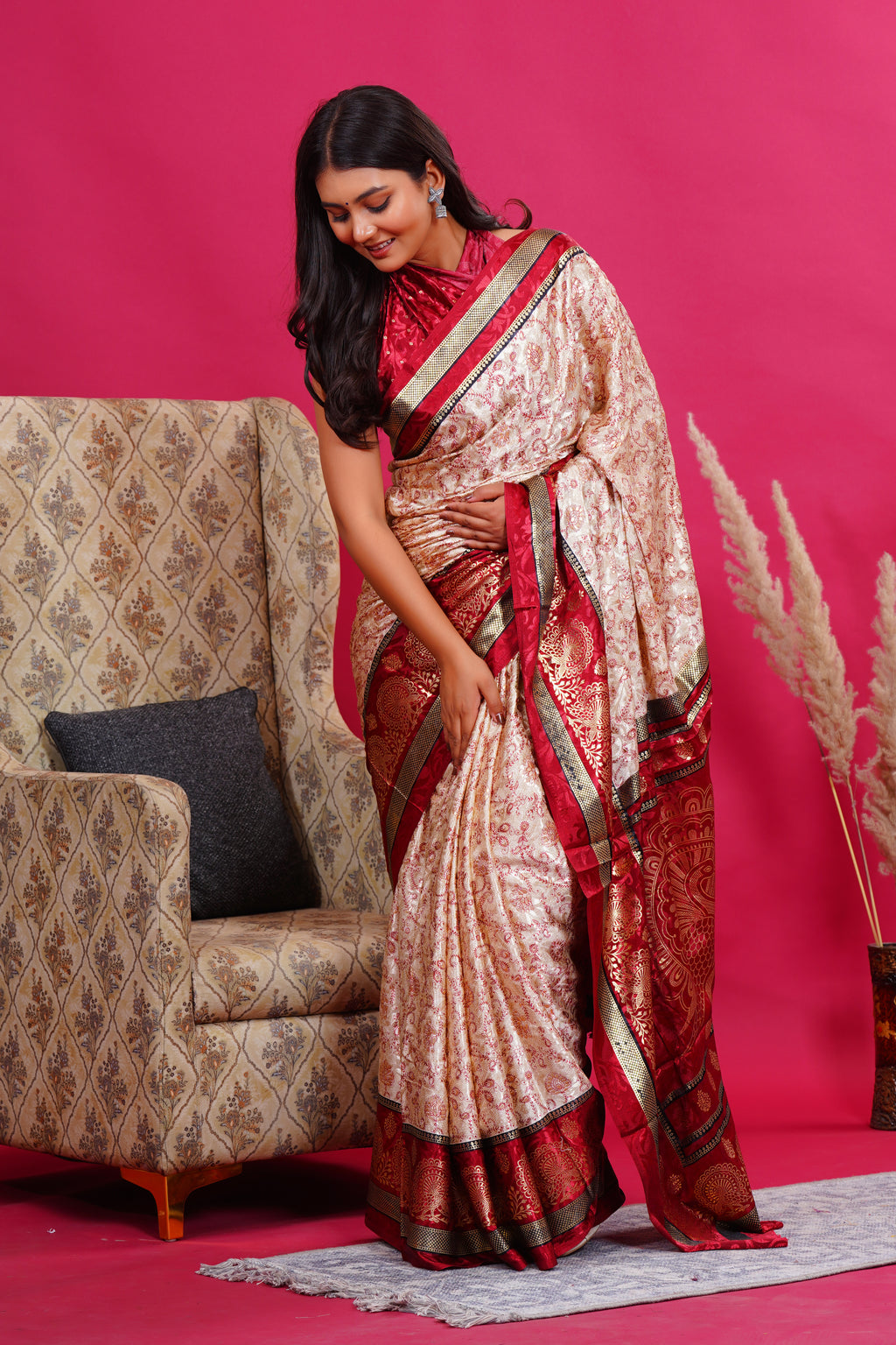Maroon Golden Flower Peacock Silk Saree