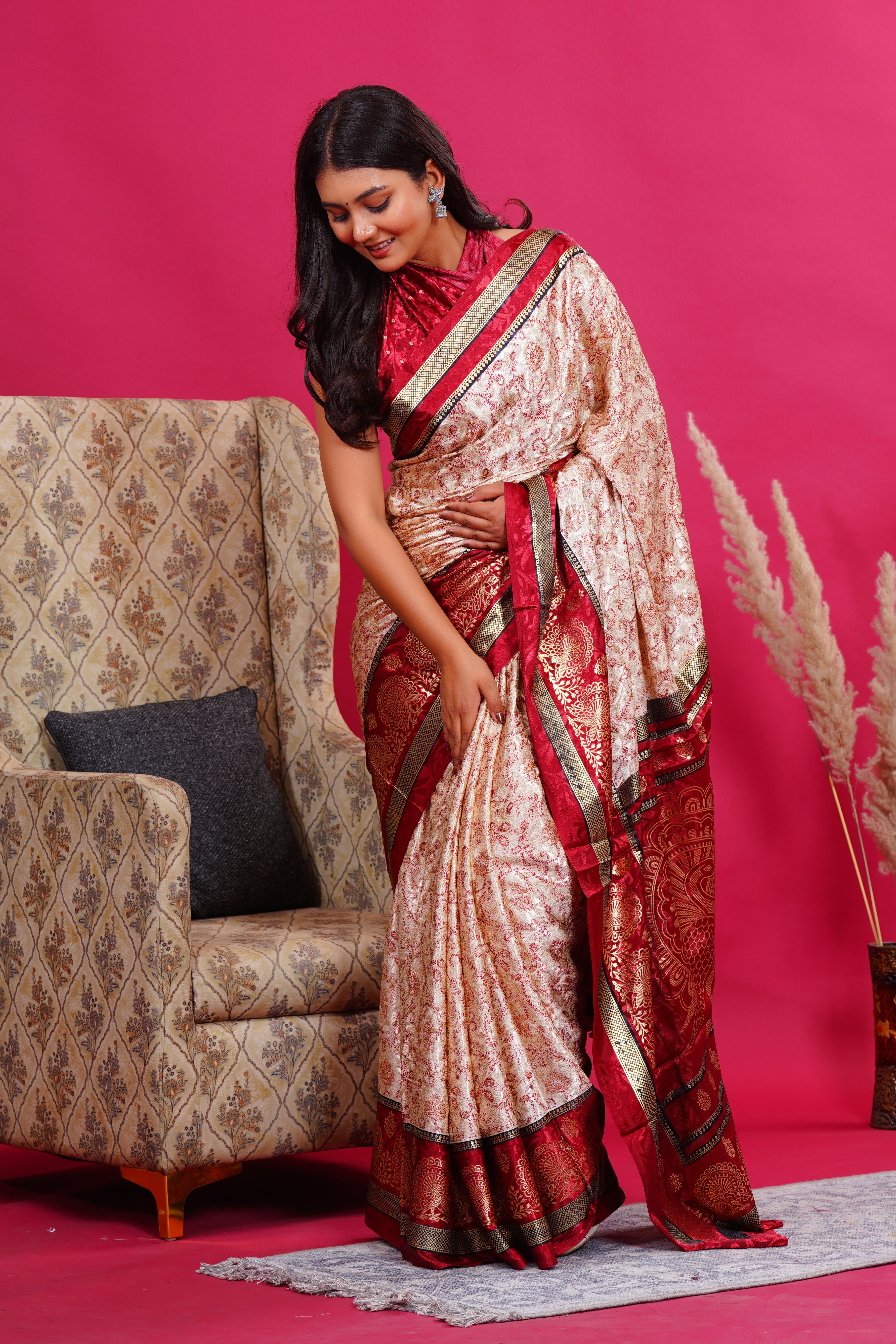 Maroon Golden Flower Peacock Silk Saree
