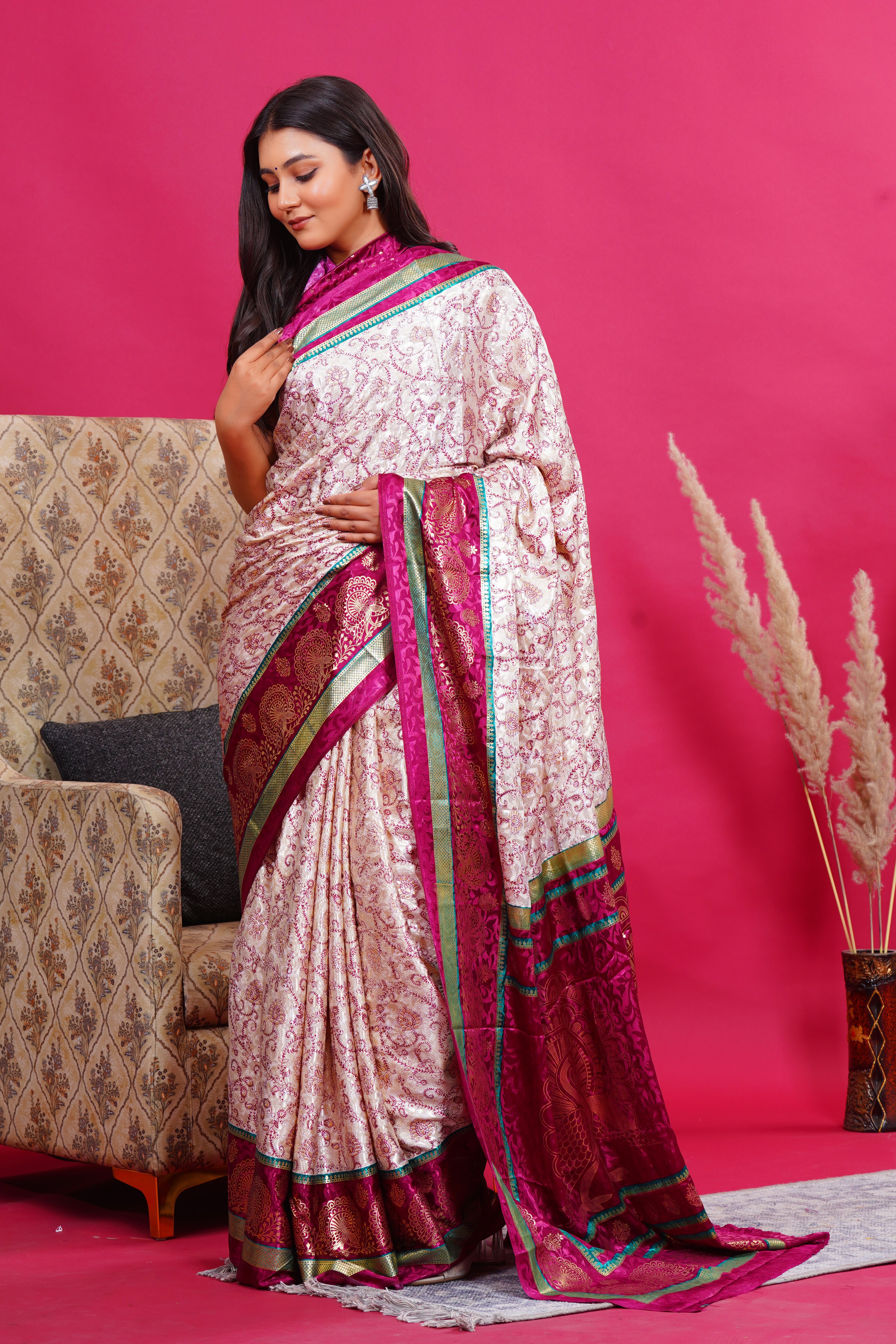 Purple Golden Flower Peacock Silk Saree