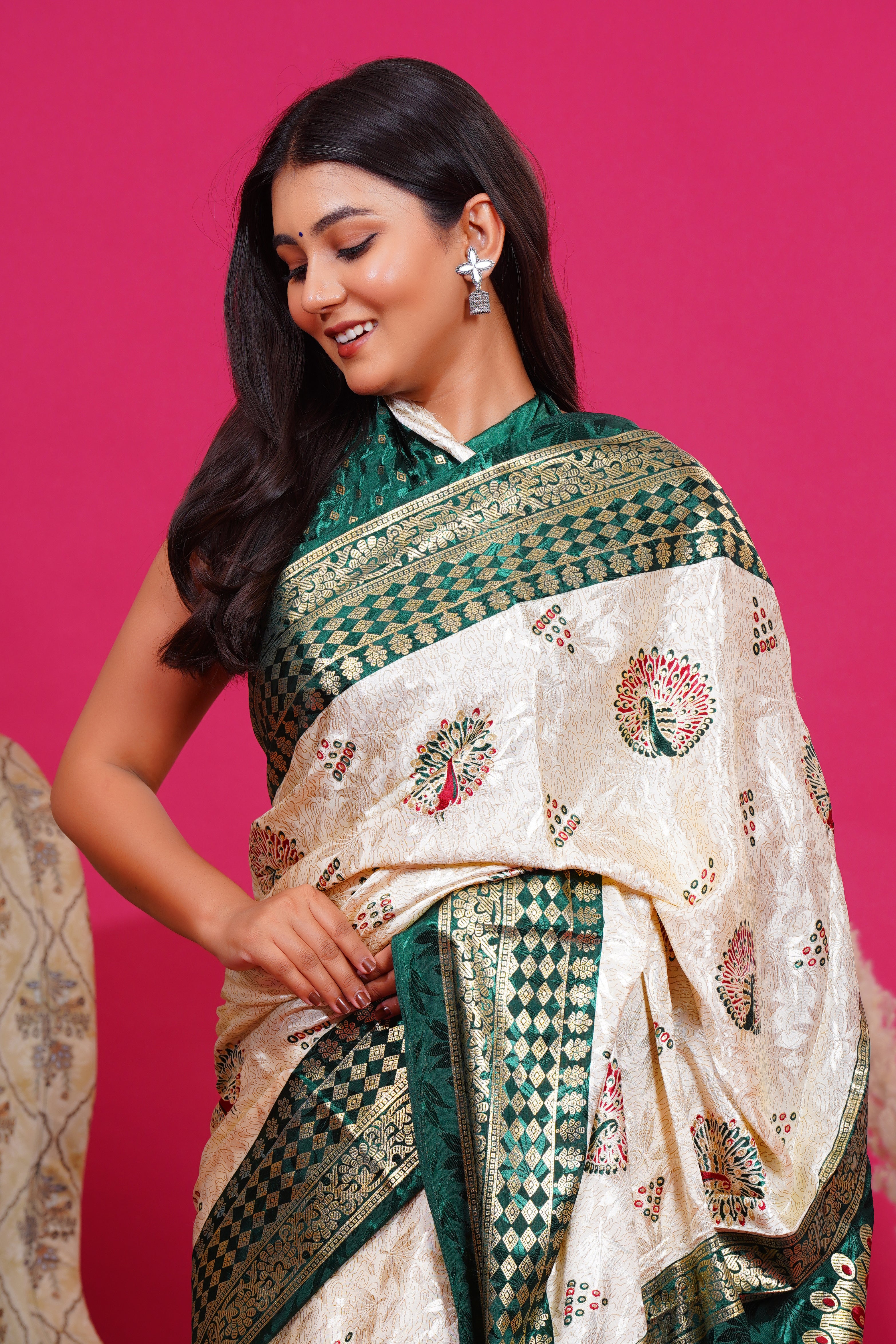 Dark Green Golden Peacock Silk Saree