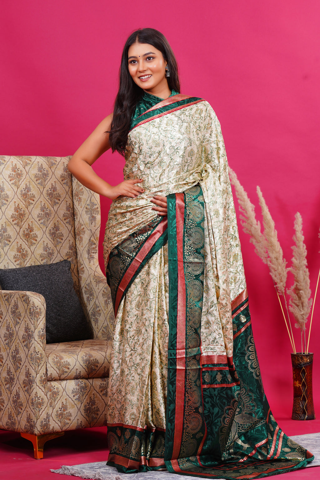 Dark Green Golden Flower Peacock Silk Saree