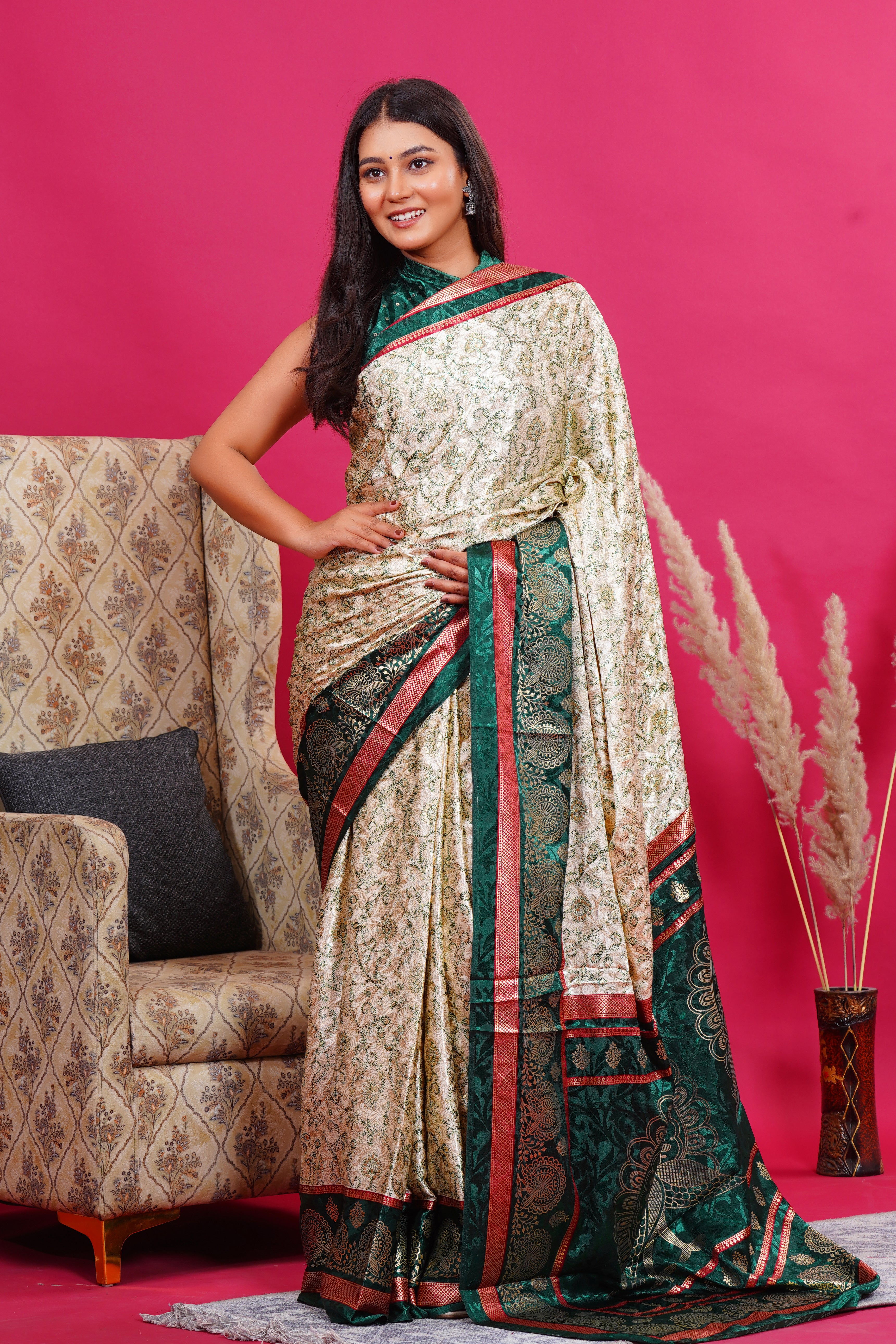 Dark Green Golden Flower Peacock Silk Saree