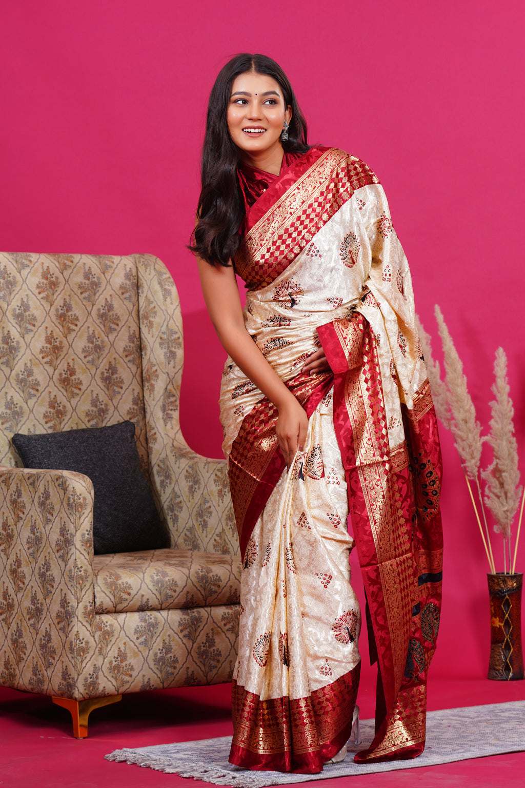 Maroon Golden Peacock Silk Saree