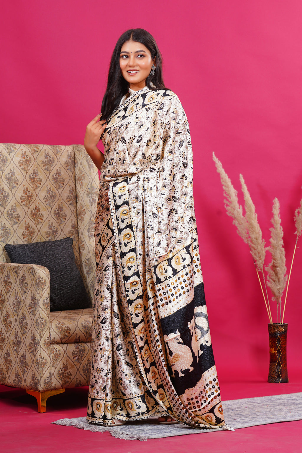 Black Golden Floral Peacock Silk Saree