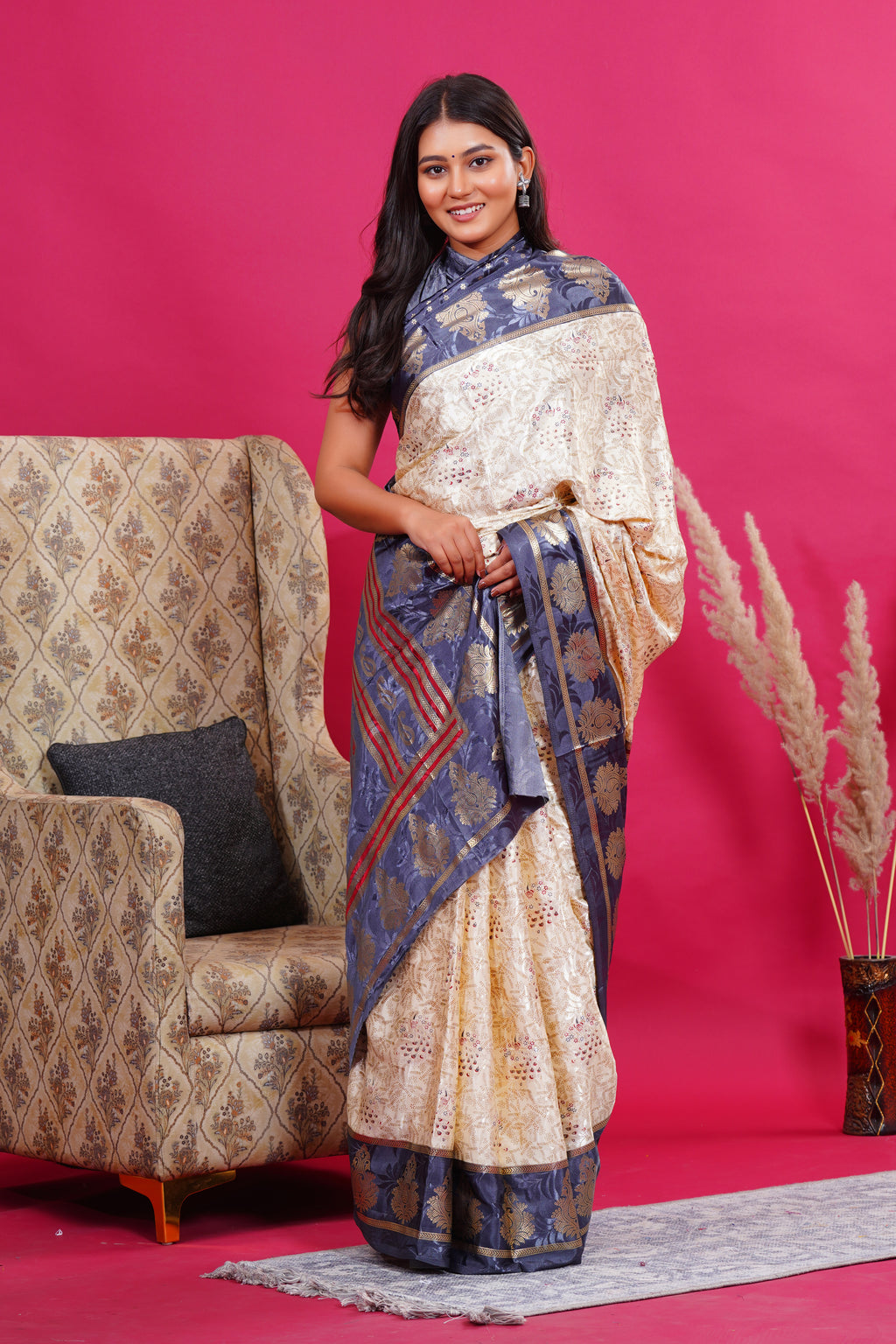 Grey Golden Kalash Peacock Silk Saree