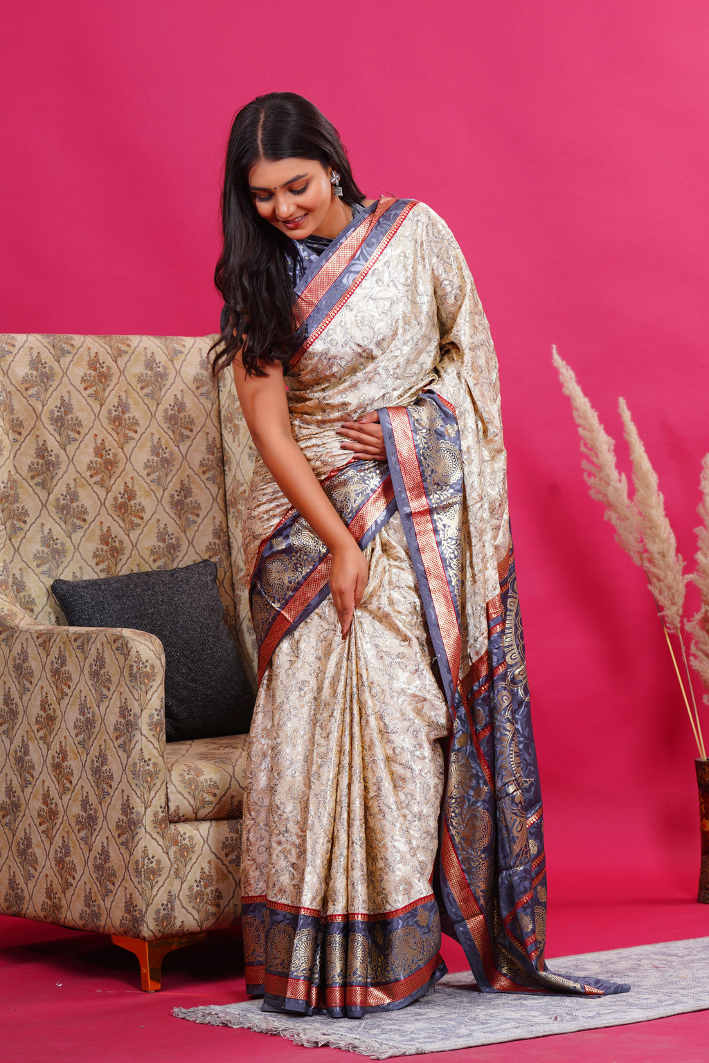 Grey Golden Flower Peacock Silk Saree