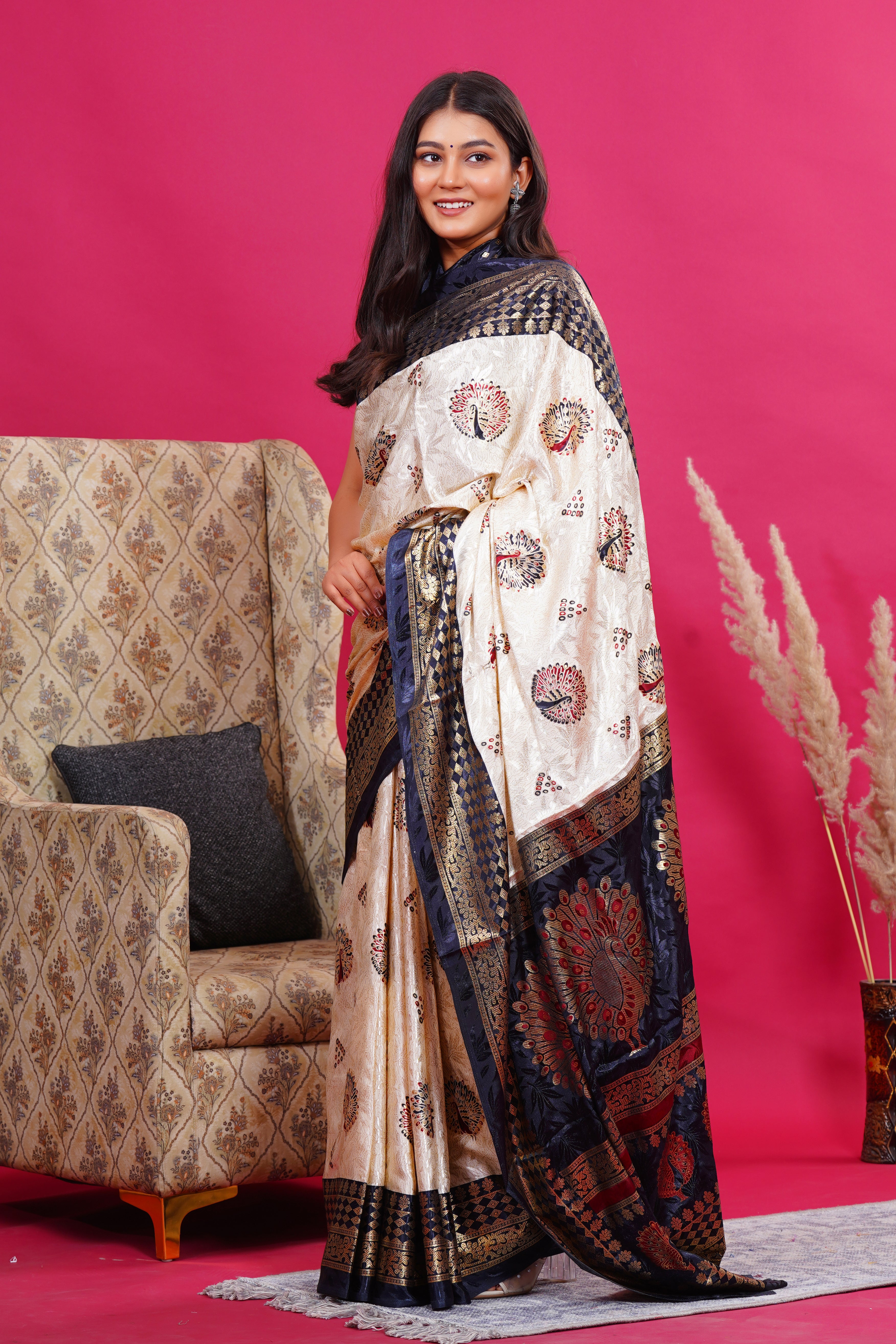 Black Golden Peacock Saree
