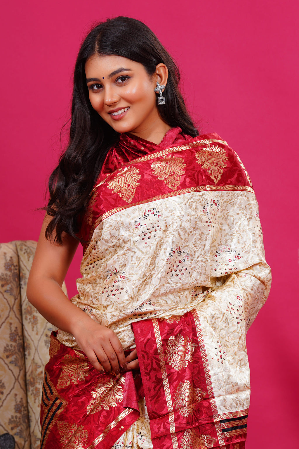 Maroon Golden Kalash Peacock Silk Saree