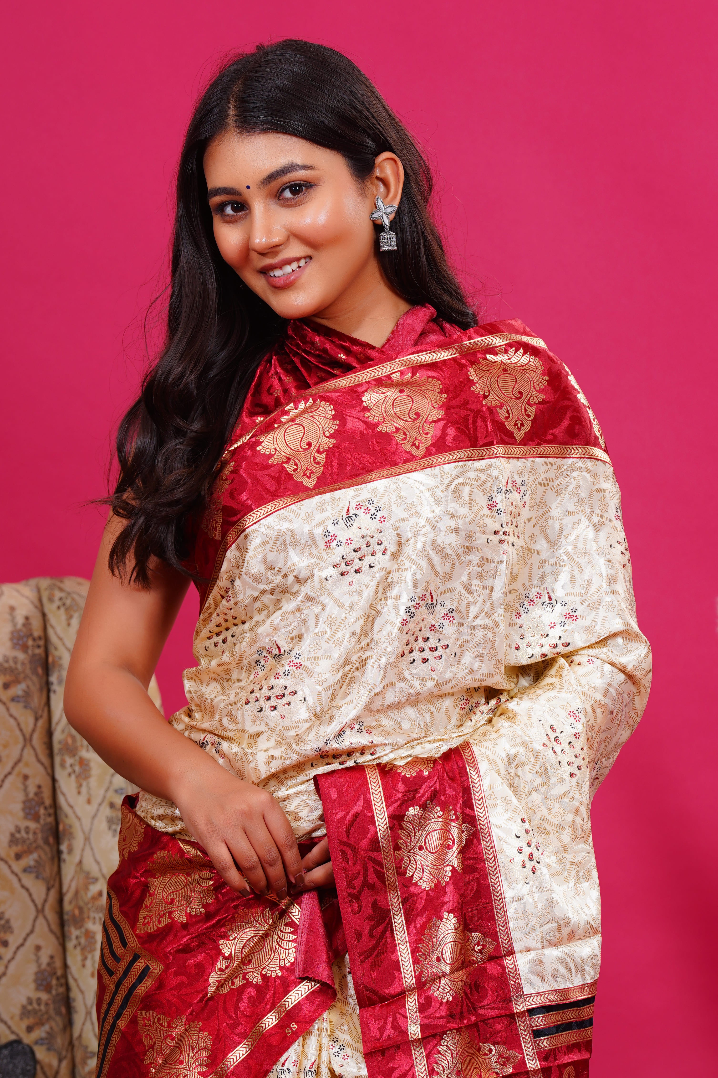 Maroon Golden Kalash Peacock Silk Saree