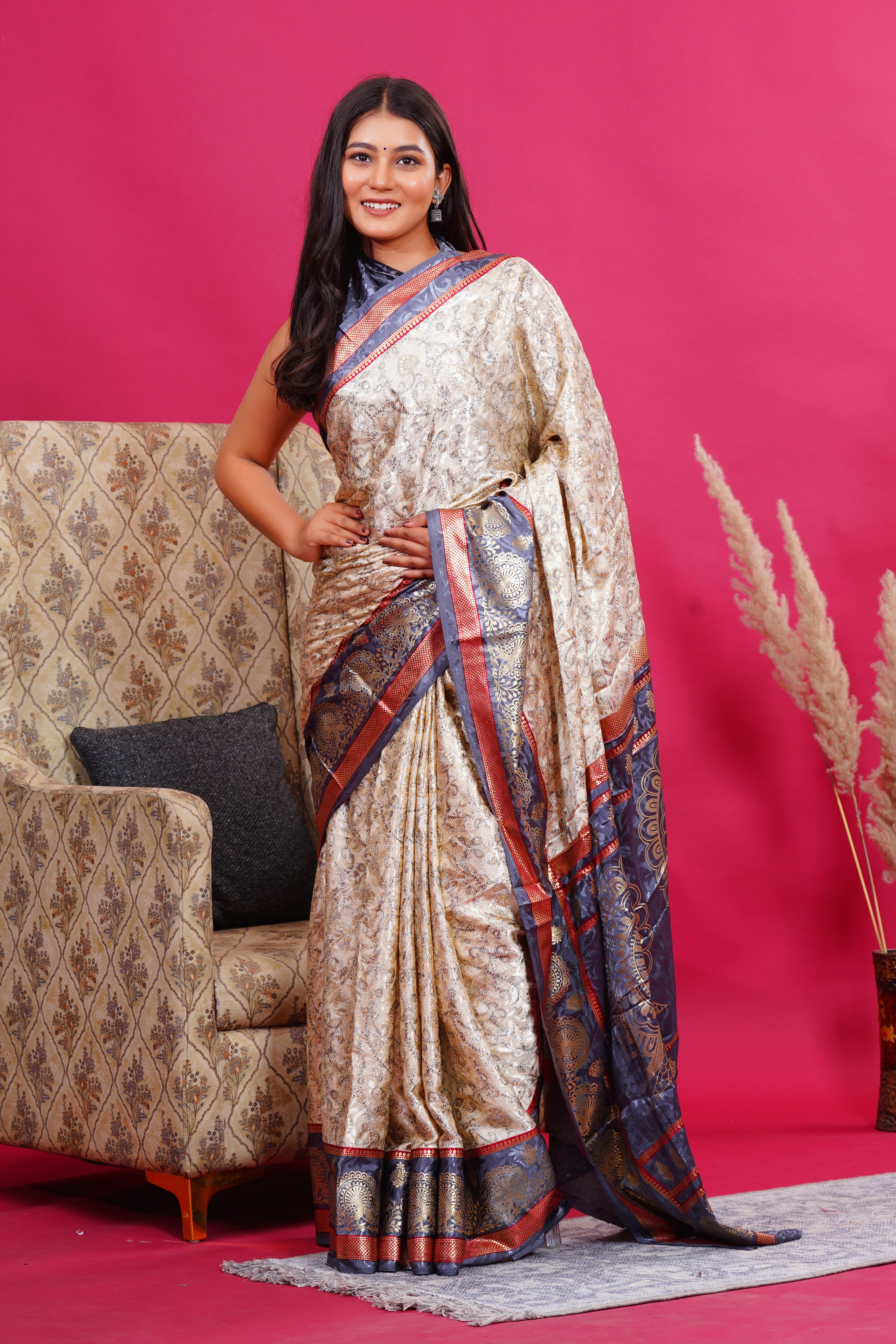 Grey Golden Flower Peacock Silk Saree