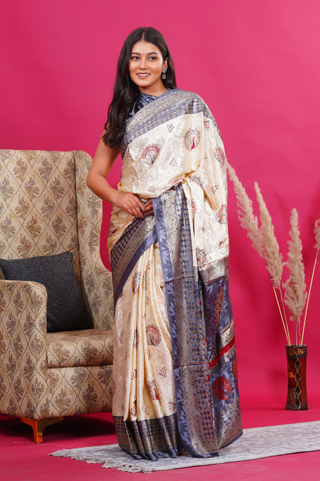 Grey Golden Peacock Silk Saree