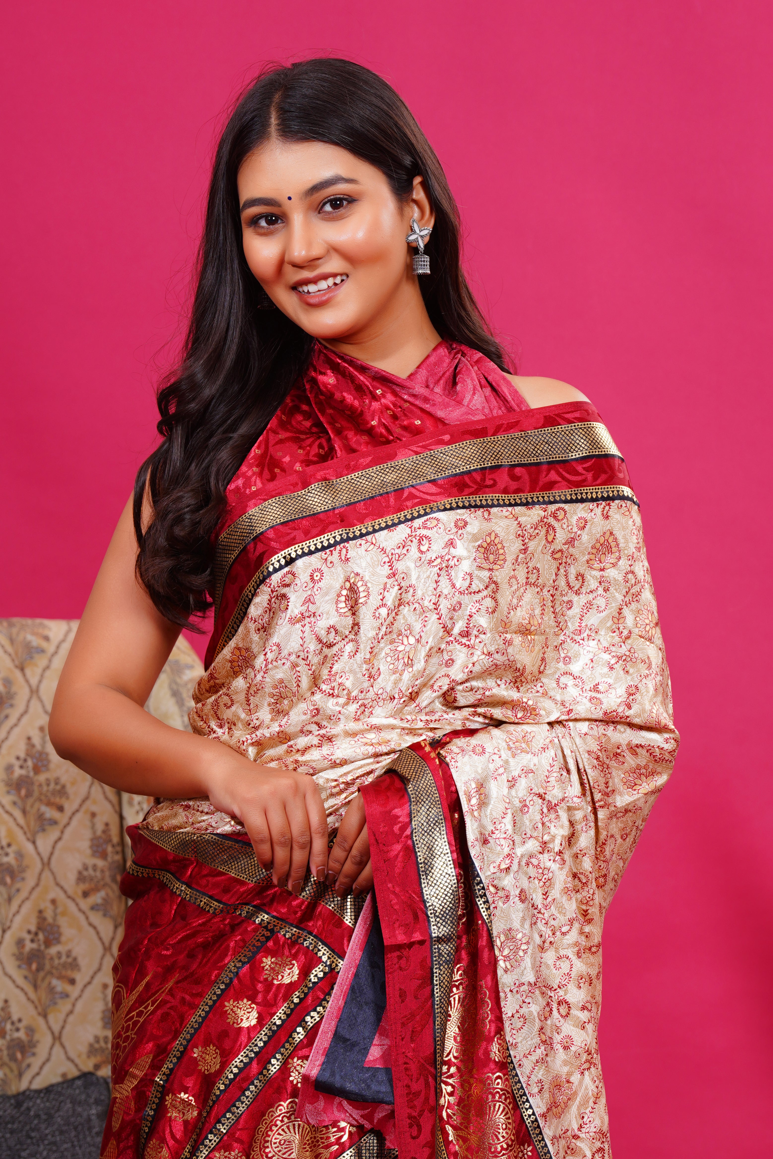 Maroon Golden Flower Peacock Silk Saree
