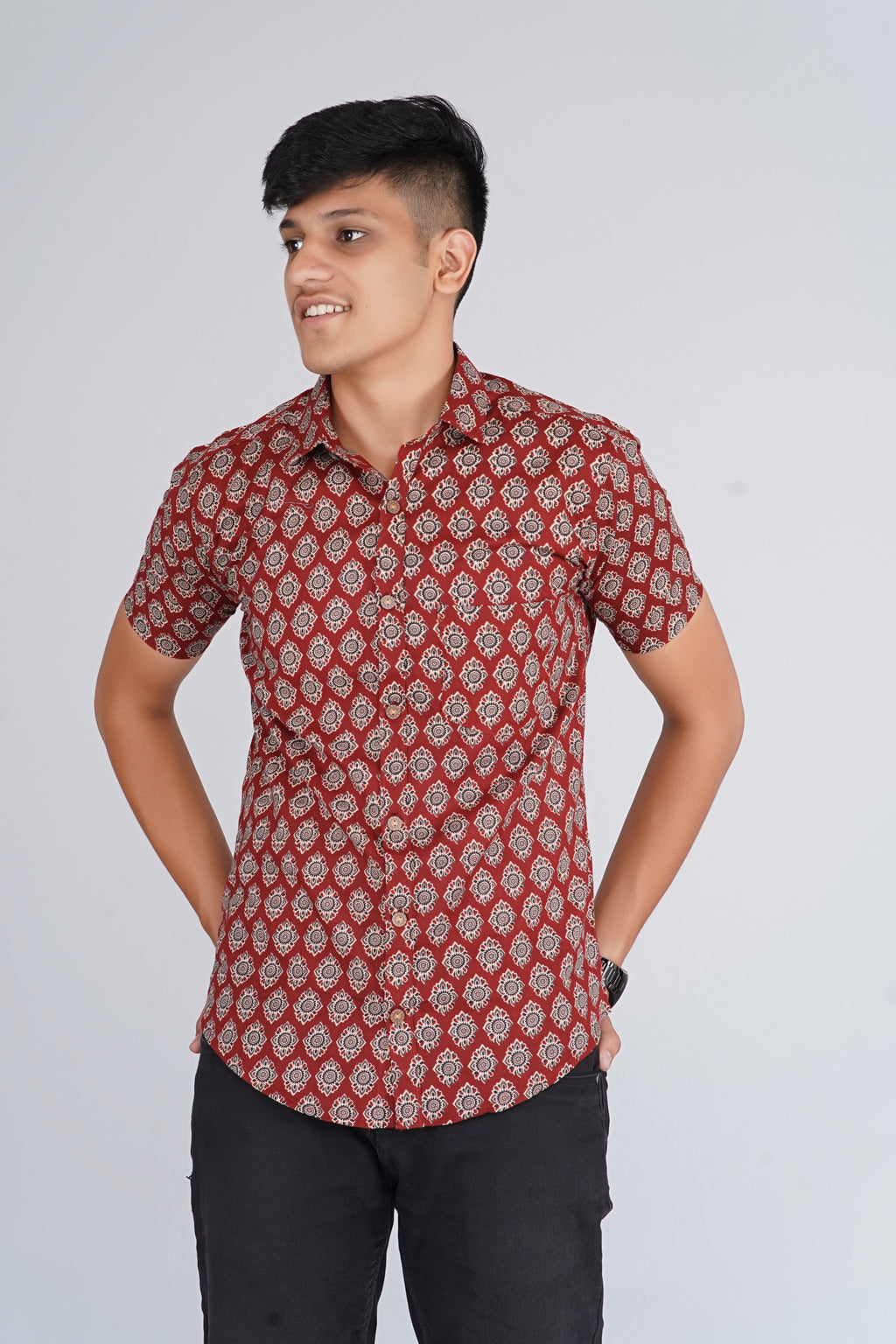 Maroon Ajrakh Tilak Half Sleeves Shirt