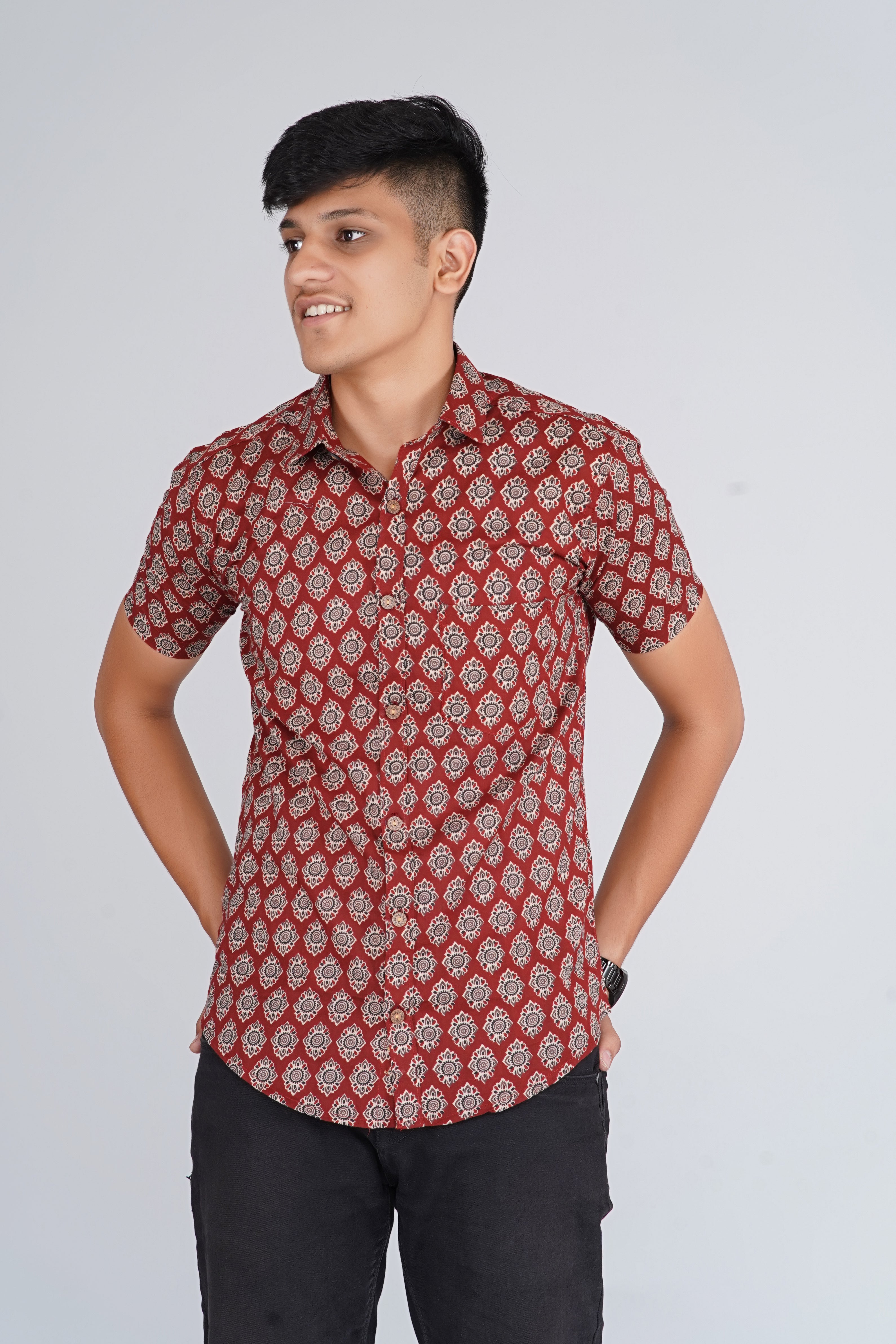 Maroon Ajrakh Tilak Half Sleeves Shirt