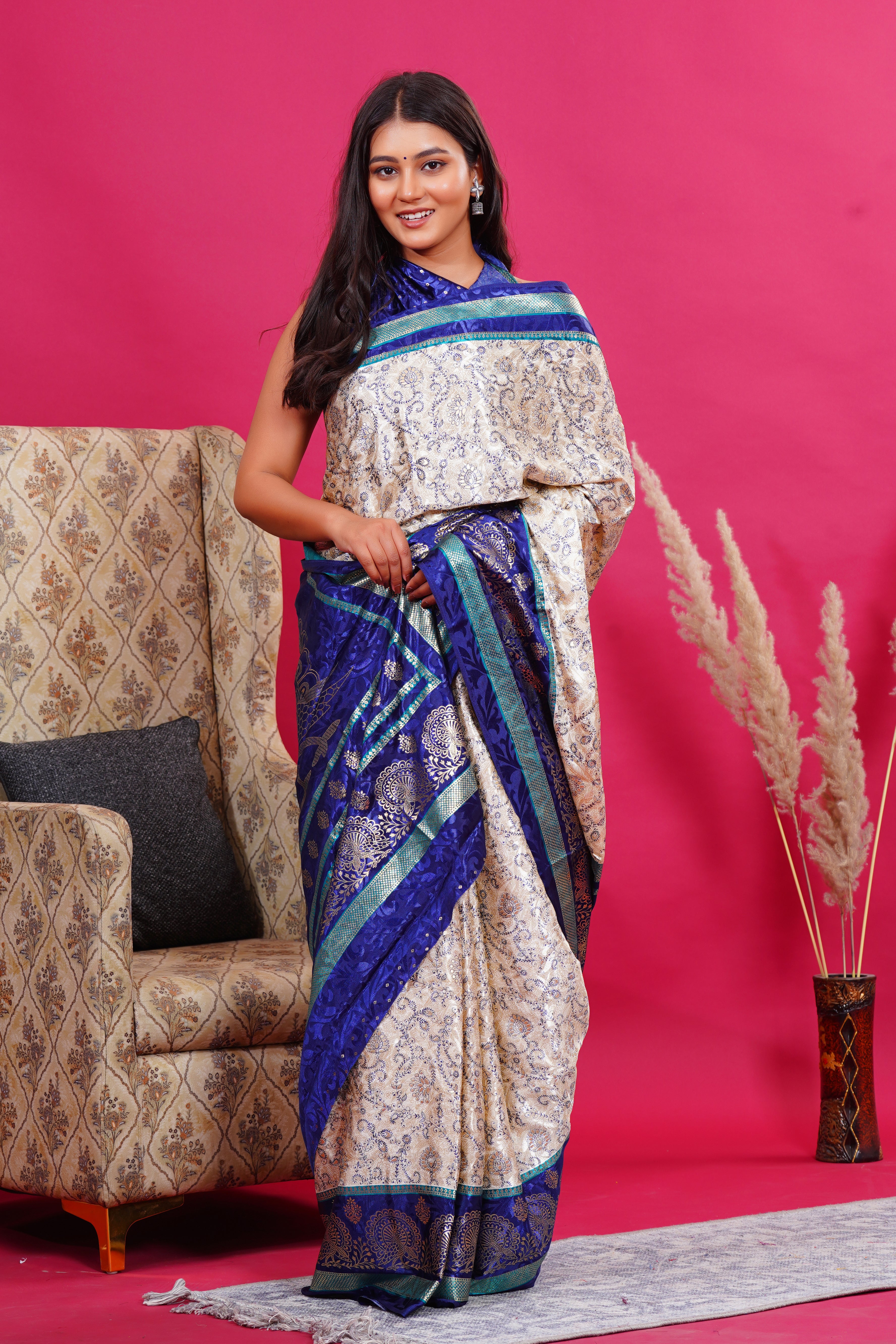 Blue Golden Flower Peacock Silk Saree
