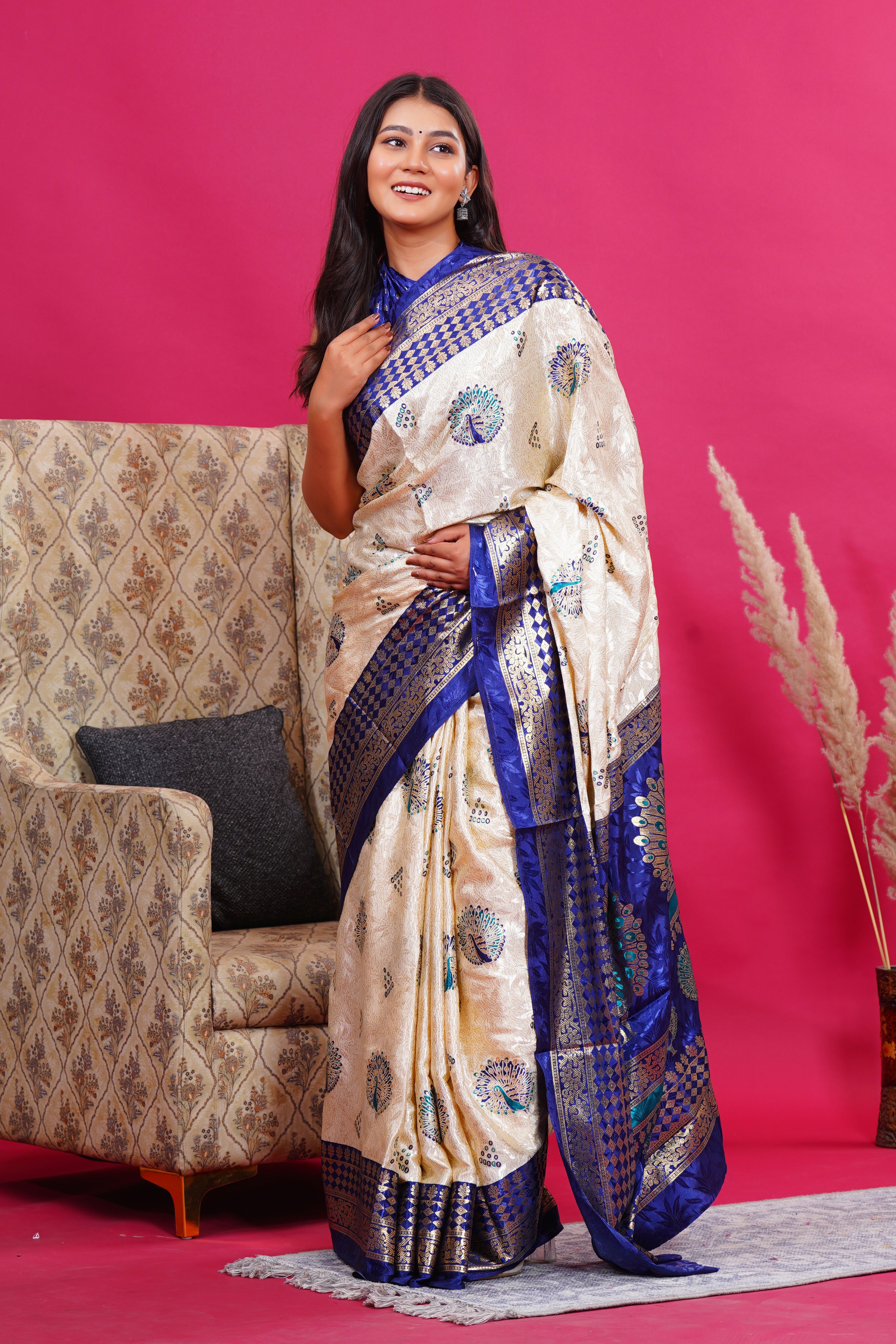 Blue Golden Peacock Silk Saree