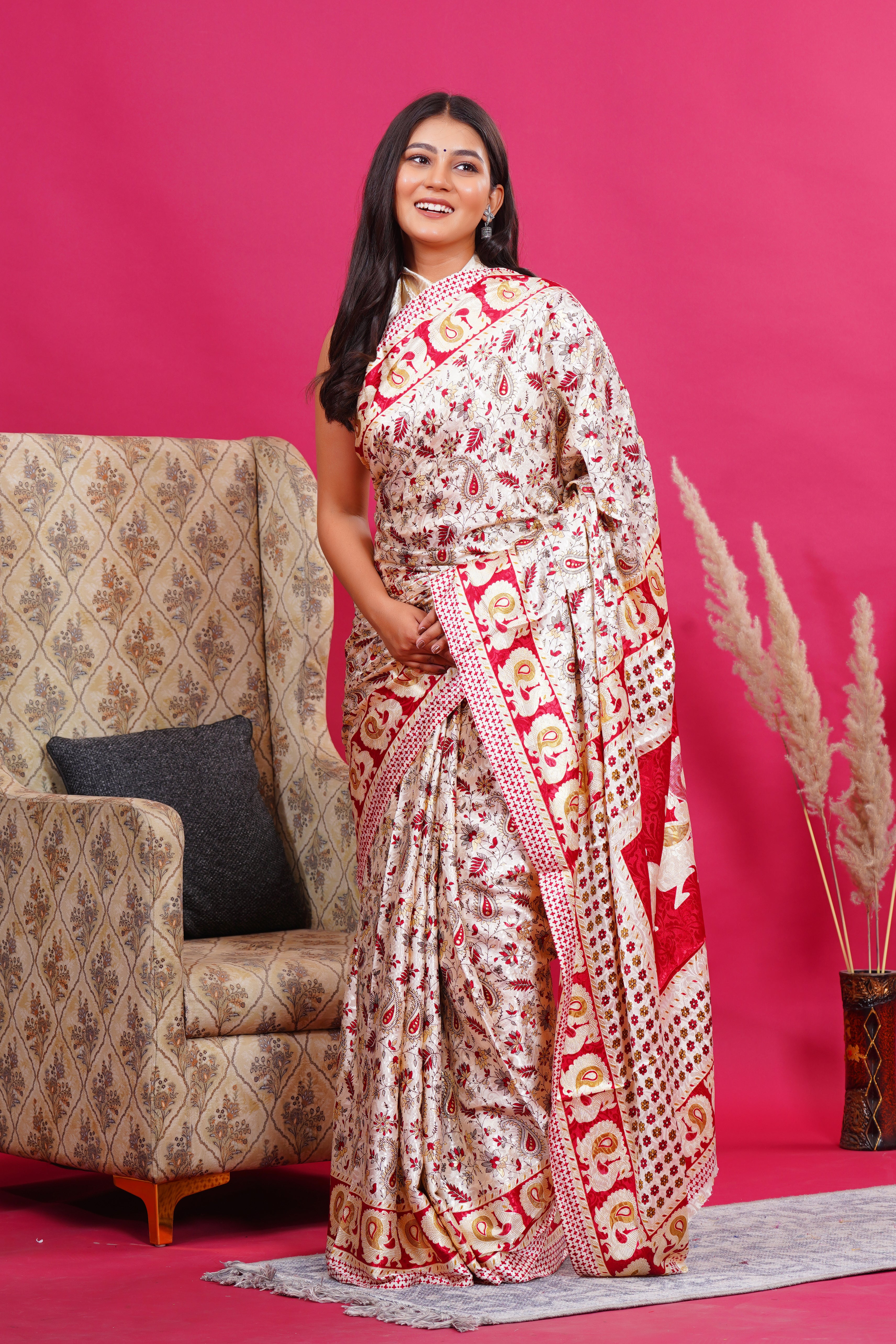 Maroon Golden Floral Peacock Silk Saree