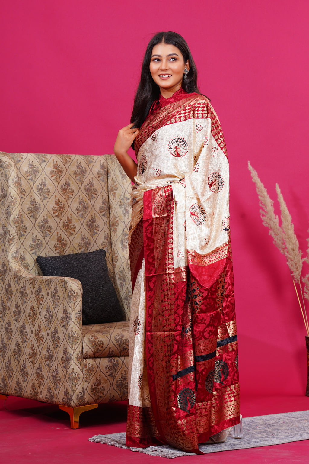 Maroon Golden Peacock Silk Saree