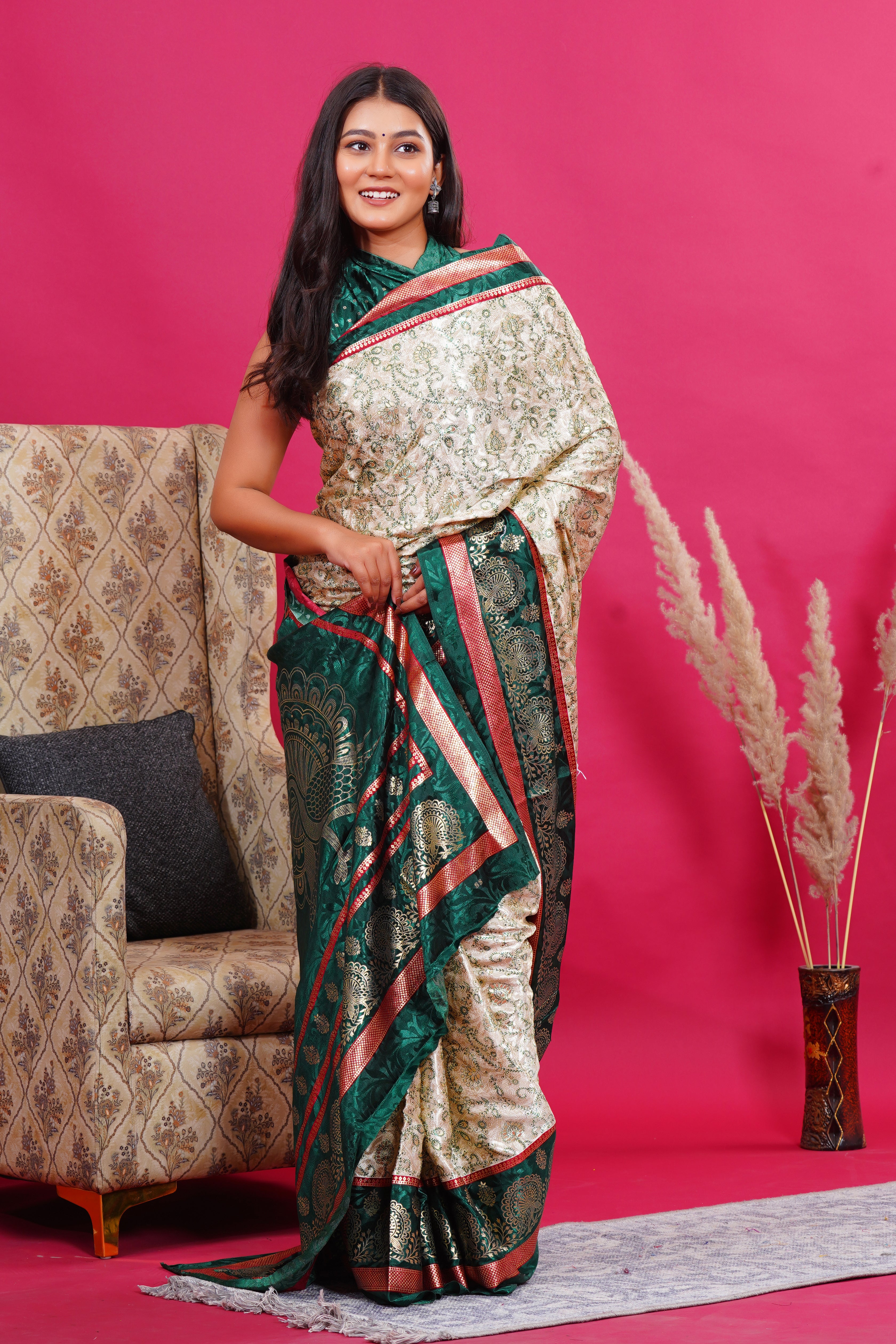 Dark Green Golden Flower Peacock Silk Saree