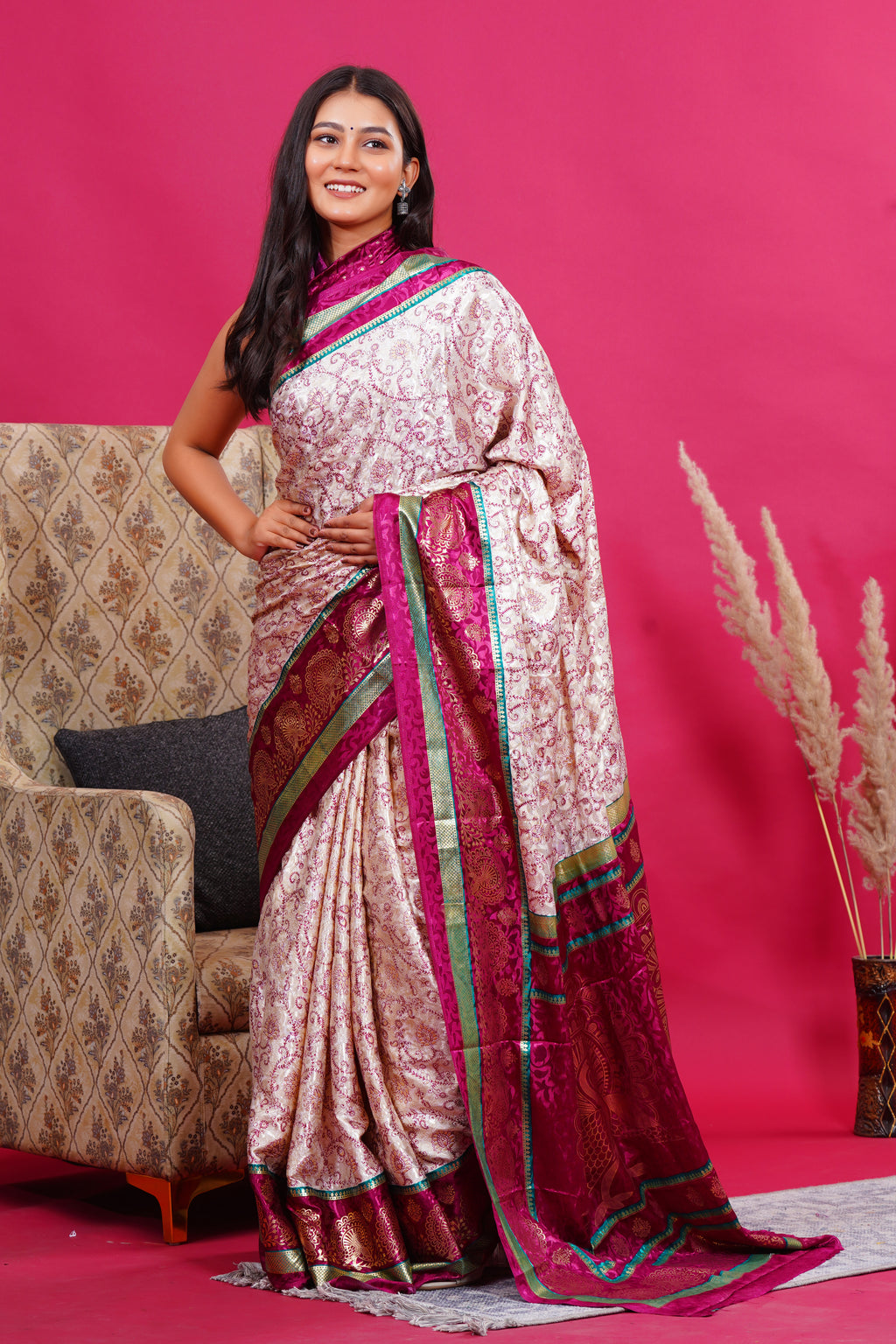 Purple Golden Flower Peacock Silk Saree