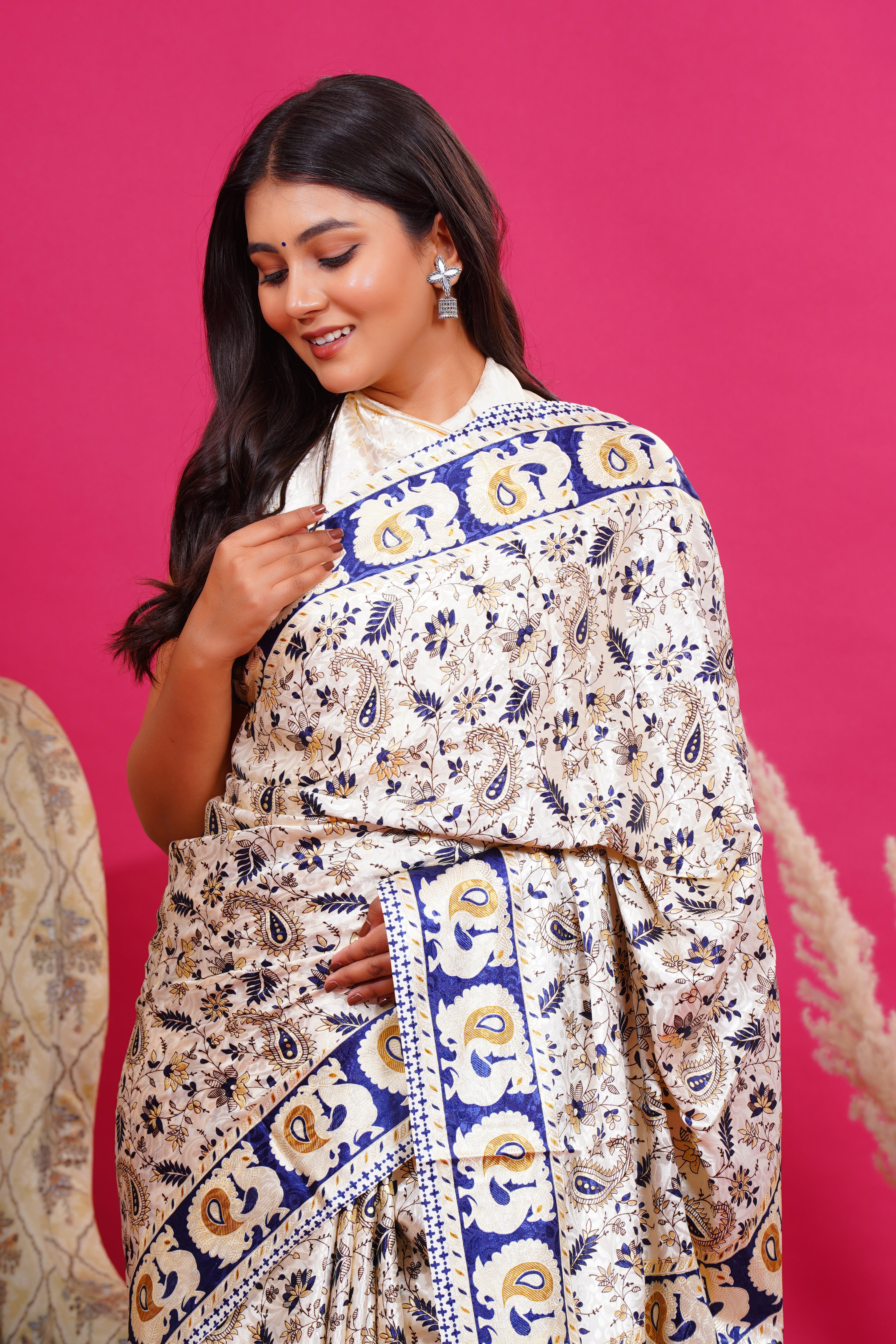 Blue Golden Floral Peacock Silk Saree