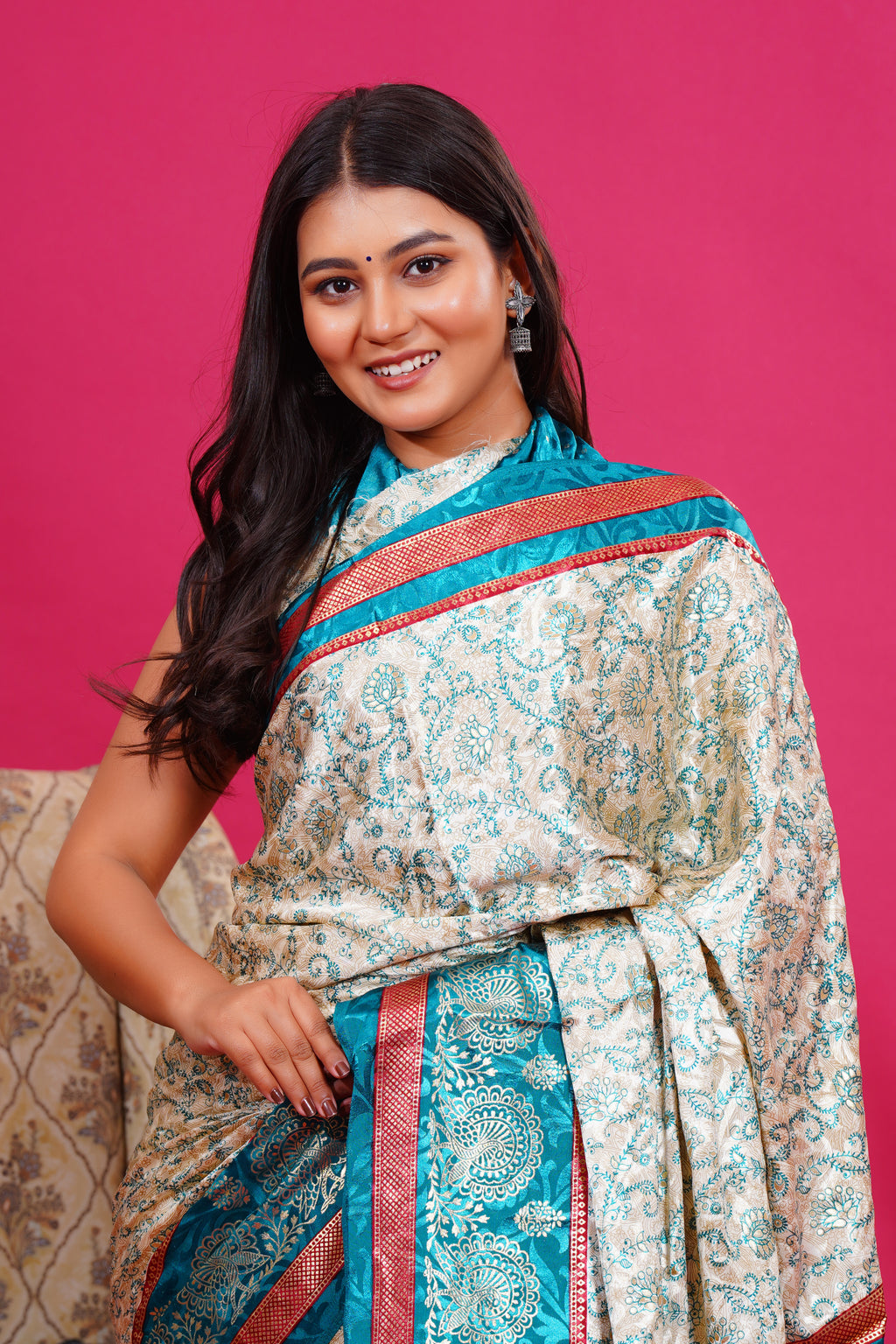 Green Golden Flower Peacock Silk Saree