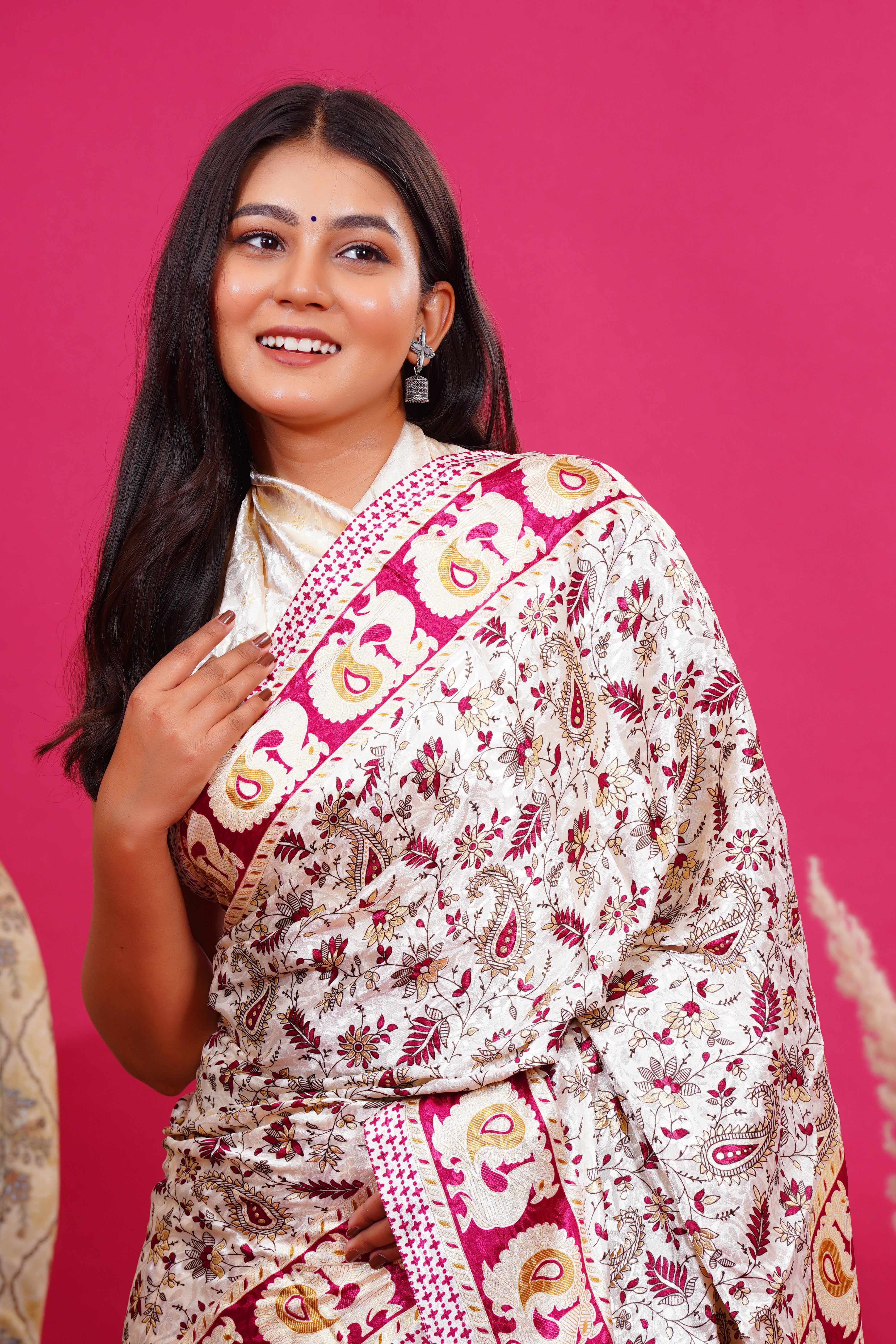 Pink Golden Floral Peacock Silk Saree