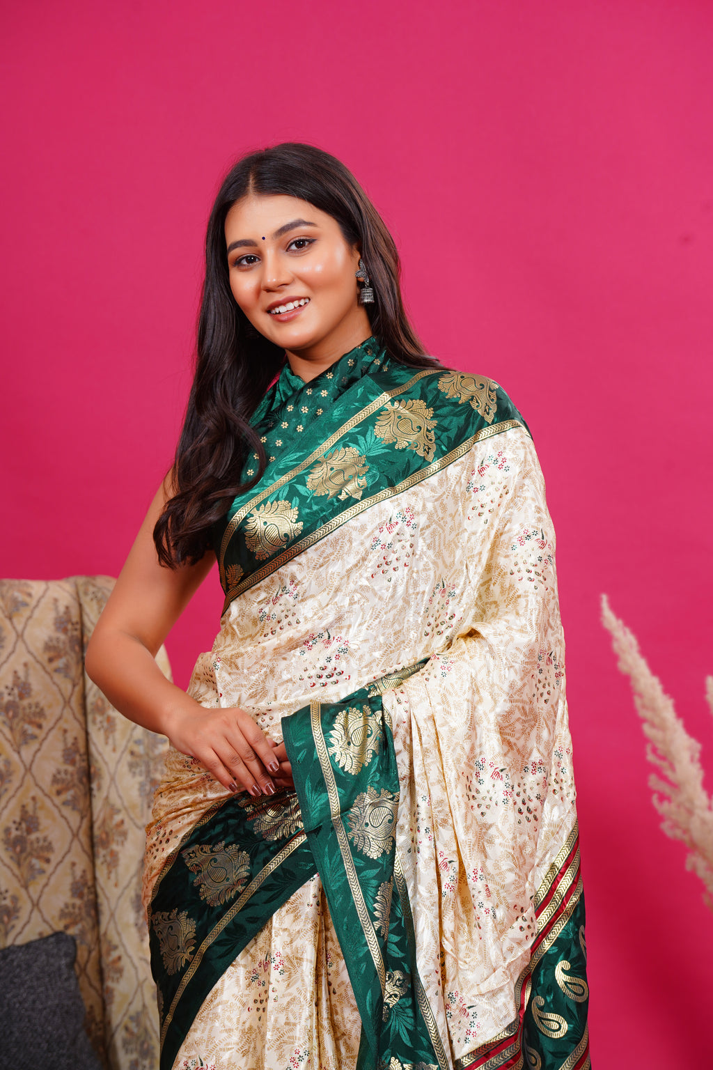 Dark Green Golden Kalash Peacock Silk Saree