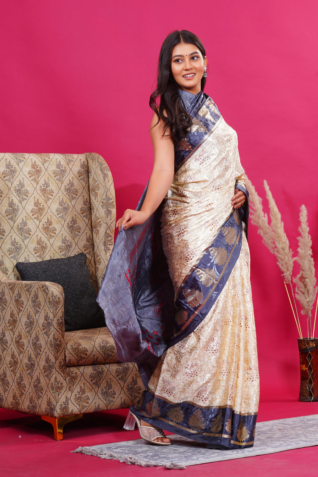 Grey Golden Kalash Peacock Silk Saree