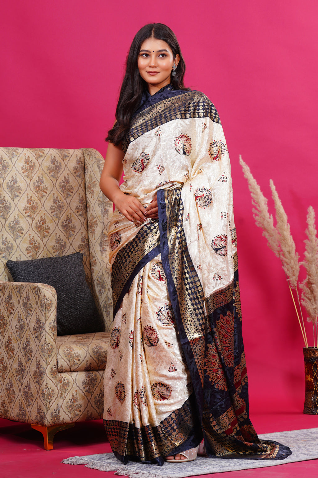 Black Golden Peacock Saree