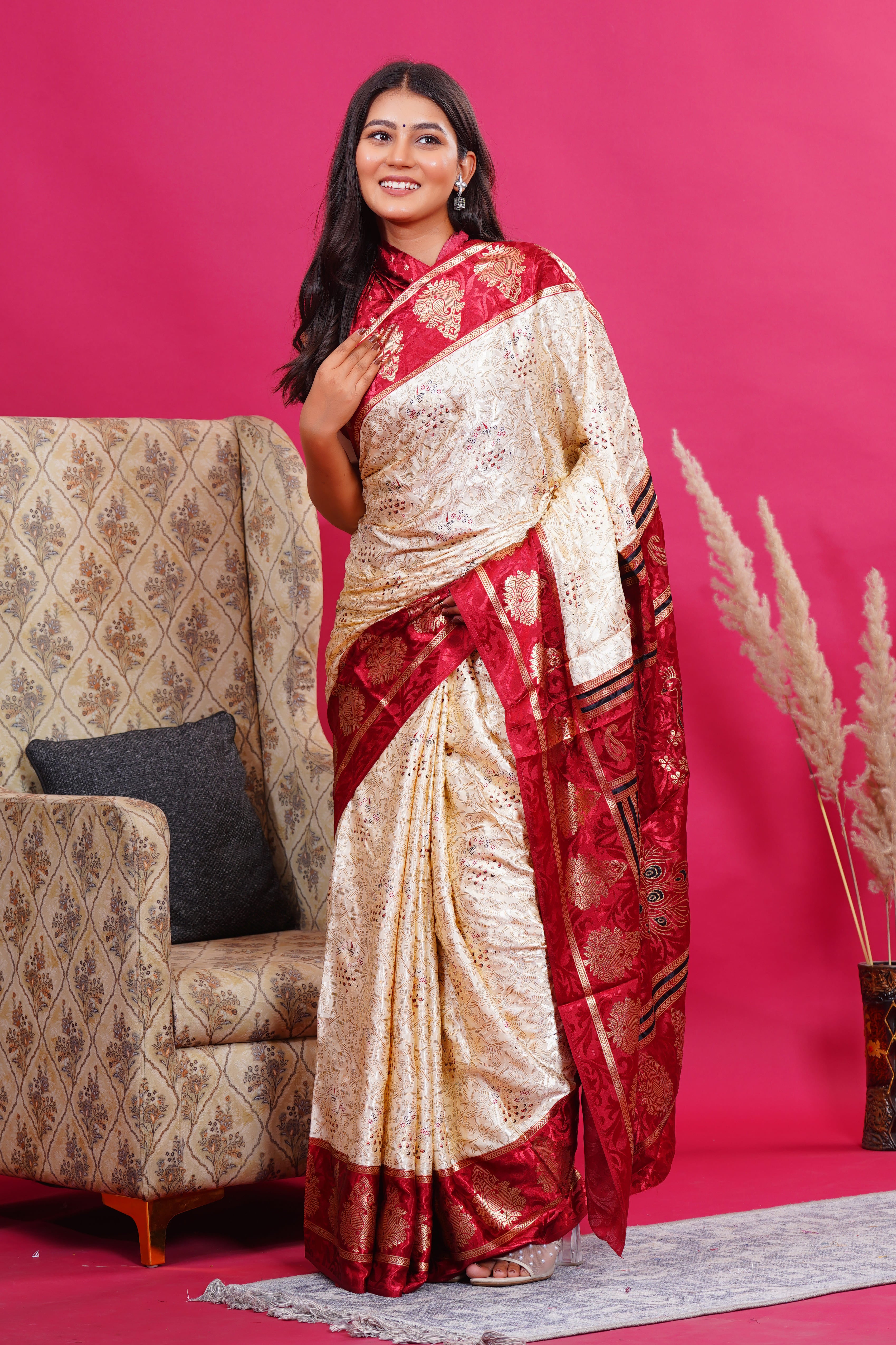 Maroon Golden Kalash Peacock Silk Saree