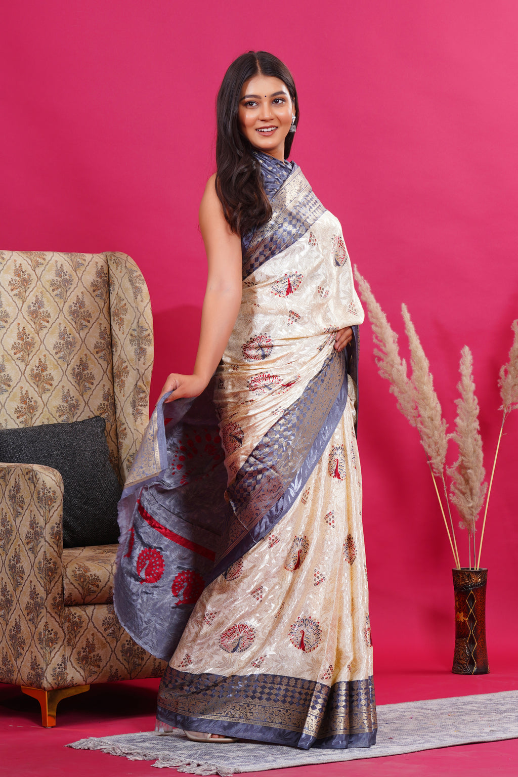 Grey Golden Peacock Silk Saree