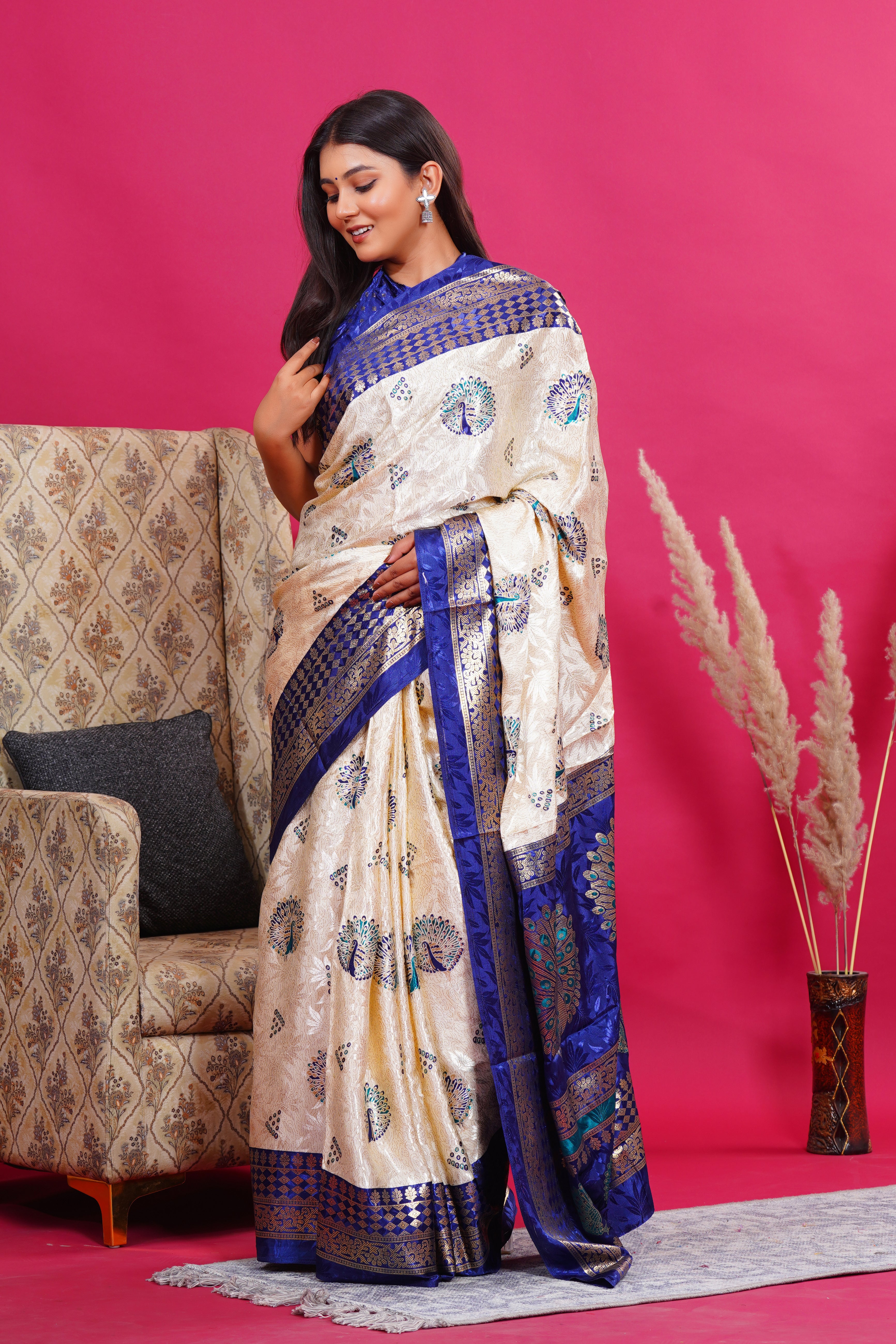 Blue Golden Peacock Silk Saree